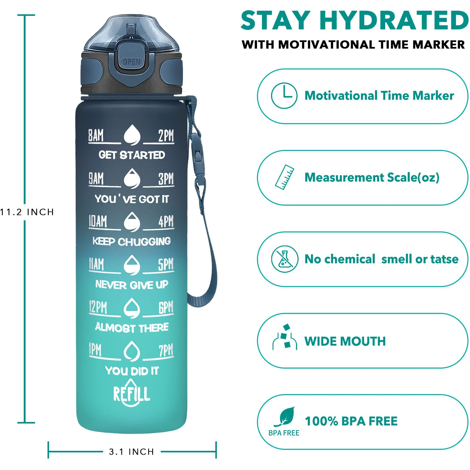Enerbone 32 Oz Water Bottle With Times To Drink And Straw, Motivational Drinking Water Bottles With Carrying Strap, Leakproof Bpa & Toxic Free, Ensure You Drink Enough Water For Fitness Gym Outdoor