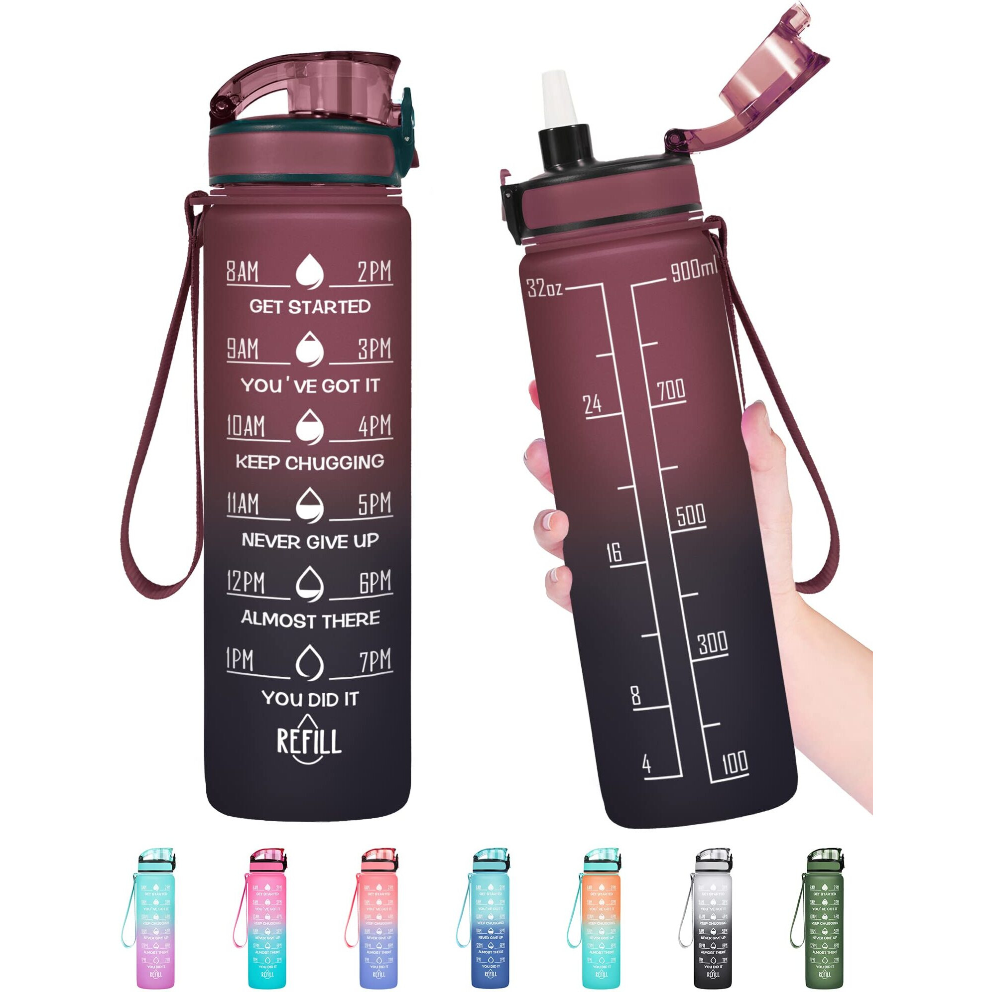 Enerbone 32 Oz Water Bottle, Leakproof Bpa & Toxic Free, Motivational Water Bottle With Times To Drink And Straw, Fitness Sports Water Bottle With Strap For Office, Gym, Outdoor Sports