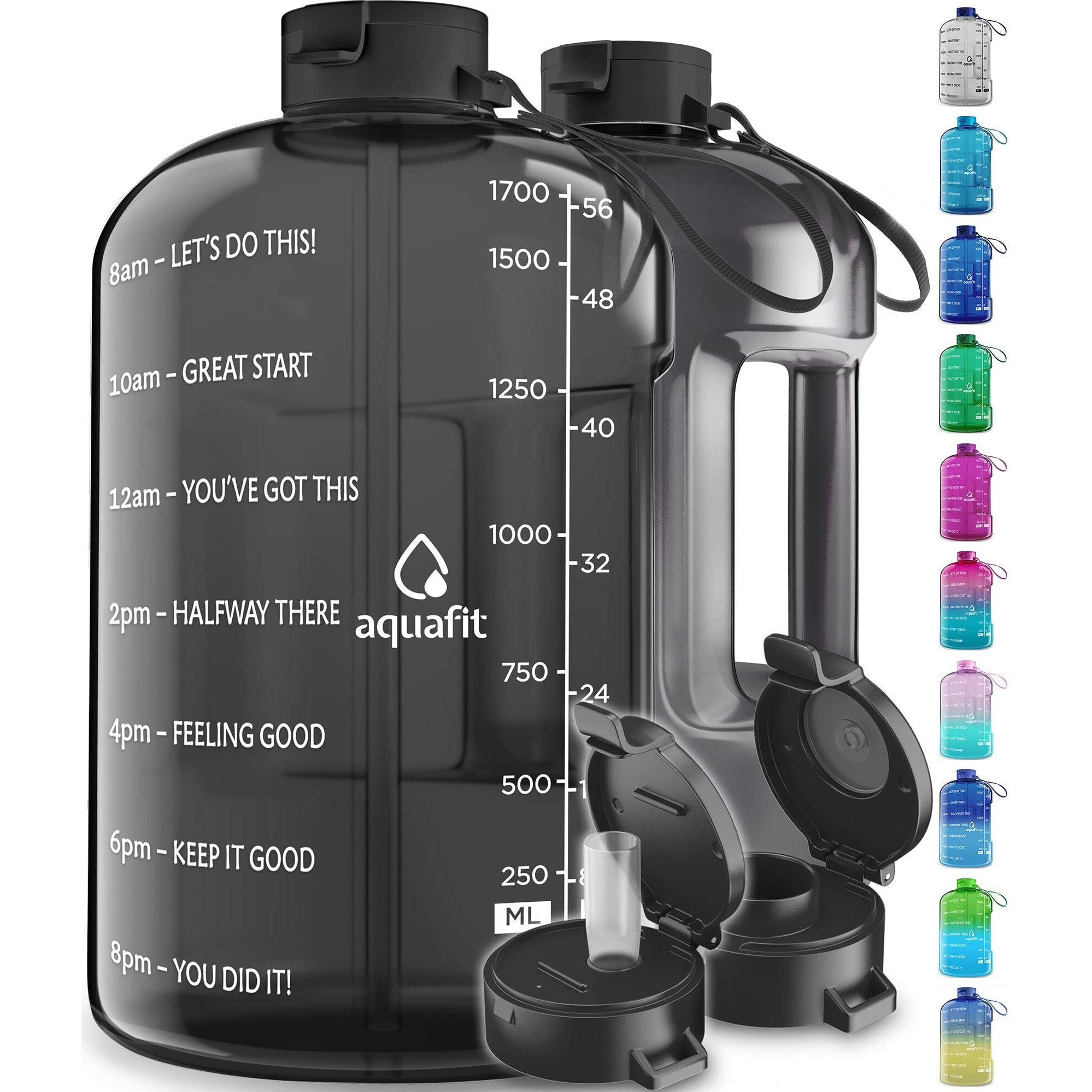 Aquafit Half Gallon Water Bottle With Time Marker - 64 Oz Water Bottle With Straw - Gym Water Bottle With Strap - Big Water Bottle - Reusable Water Bottles With Straw - Large Water Bottle With Handle