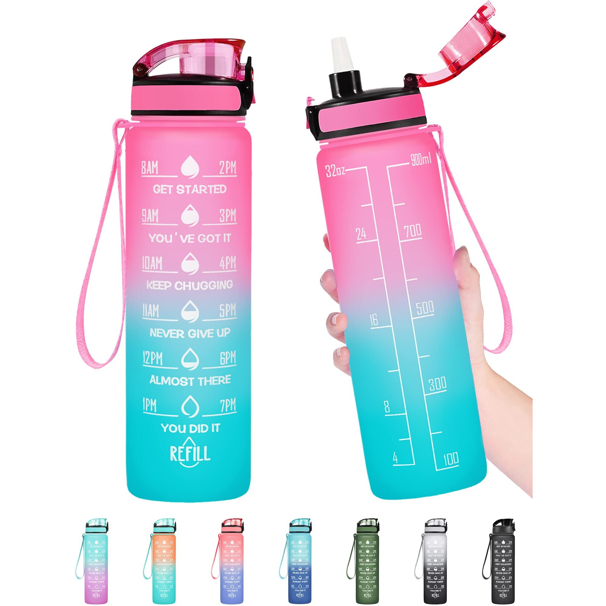 Enerbone 32 Oz Water Bottle, Leakproof Bpa & Toxic Free, Motivational Water Bottle With Times To Drink And Straw, Fitness Sports Water Bottle With Strap For Office, Gym, Outdoor Sports, Pink-Green