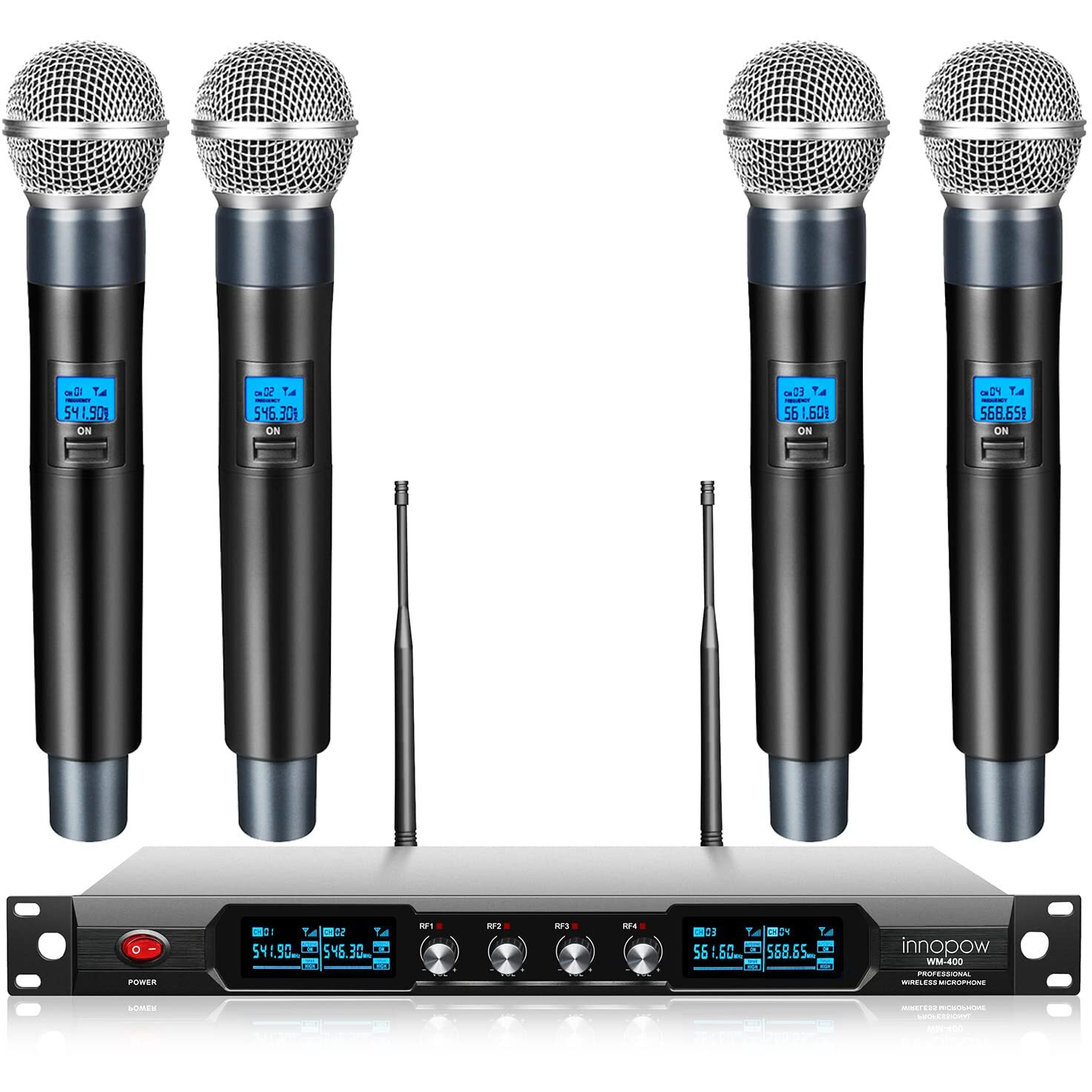 Innopow 4-Channel Wireless Microphone System, Quad Uhf Metal Cordless Mic, 4 Handheld Mics, Long Distance150-200Ft, Fixed Frequency, 16 Hours Use For Karaoke Singing, Church