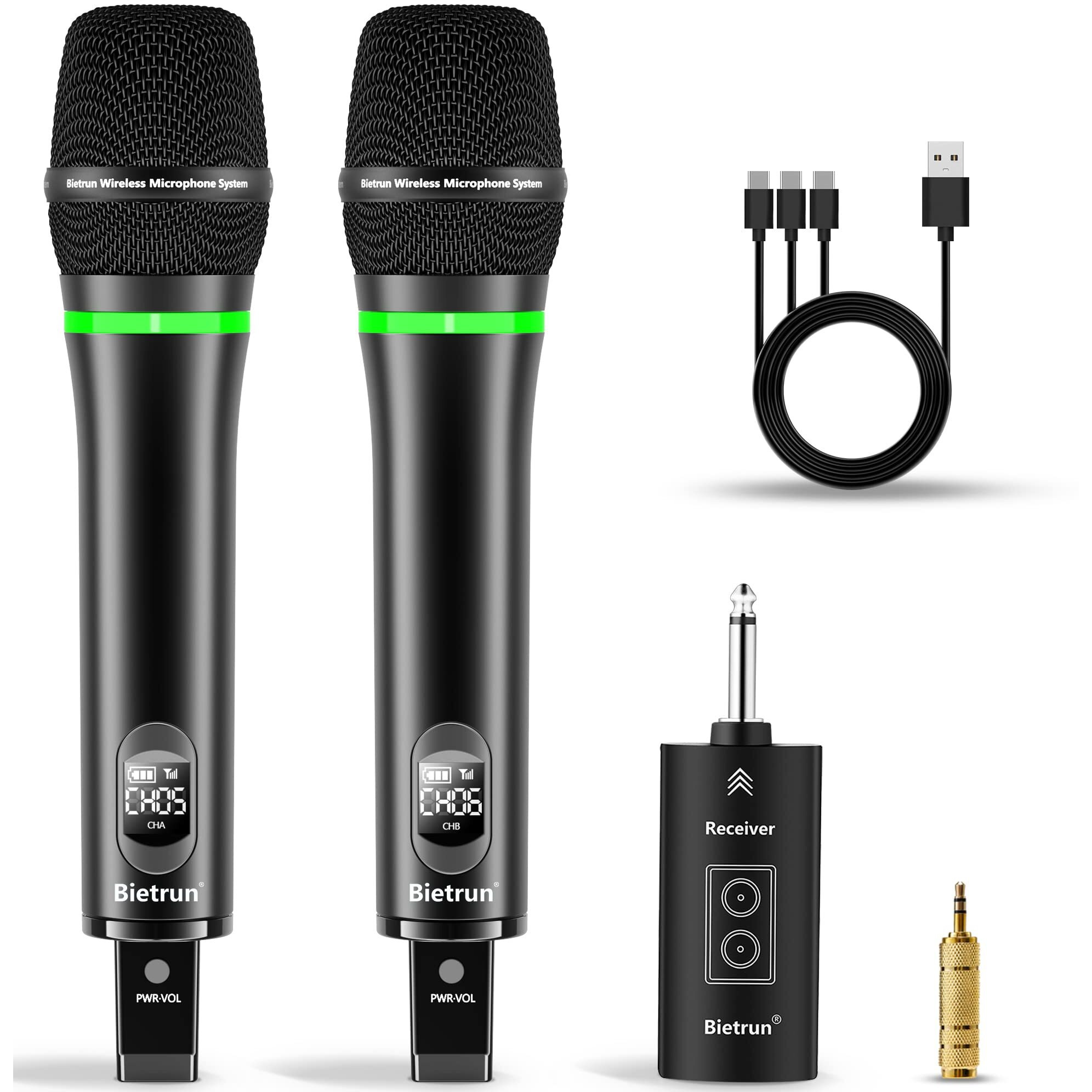 Bietrun Rechargeable Wireless Microphone For Singing, Karaoke,Dual Metal Cordless Handheld Dynamic Wireless Mics With 32Ft Bluetooth, Uhf 240Ft Range For 1/4'',1/8''Output,Pa System,Dj,Mixer,Church