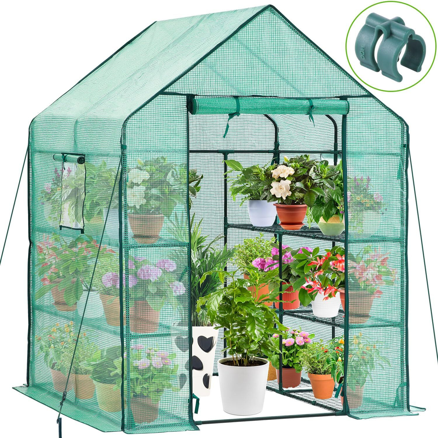 Ohuhu Greenhouse For Outdoors With Screen Windows, 57 X 57 X 76 ' ' Walk In Plant Greenhouses Heavy Duty With Durable Pe Cover, 3 Tiers 12 Shelves Stands Plastic Portable Green House With Shelf Clips