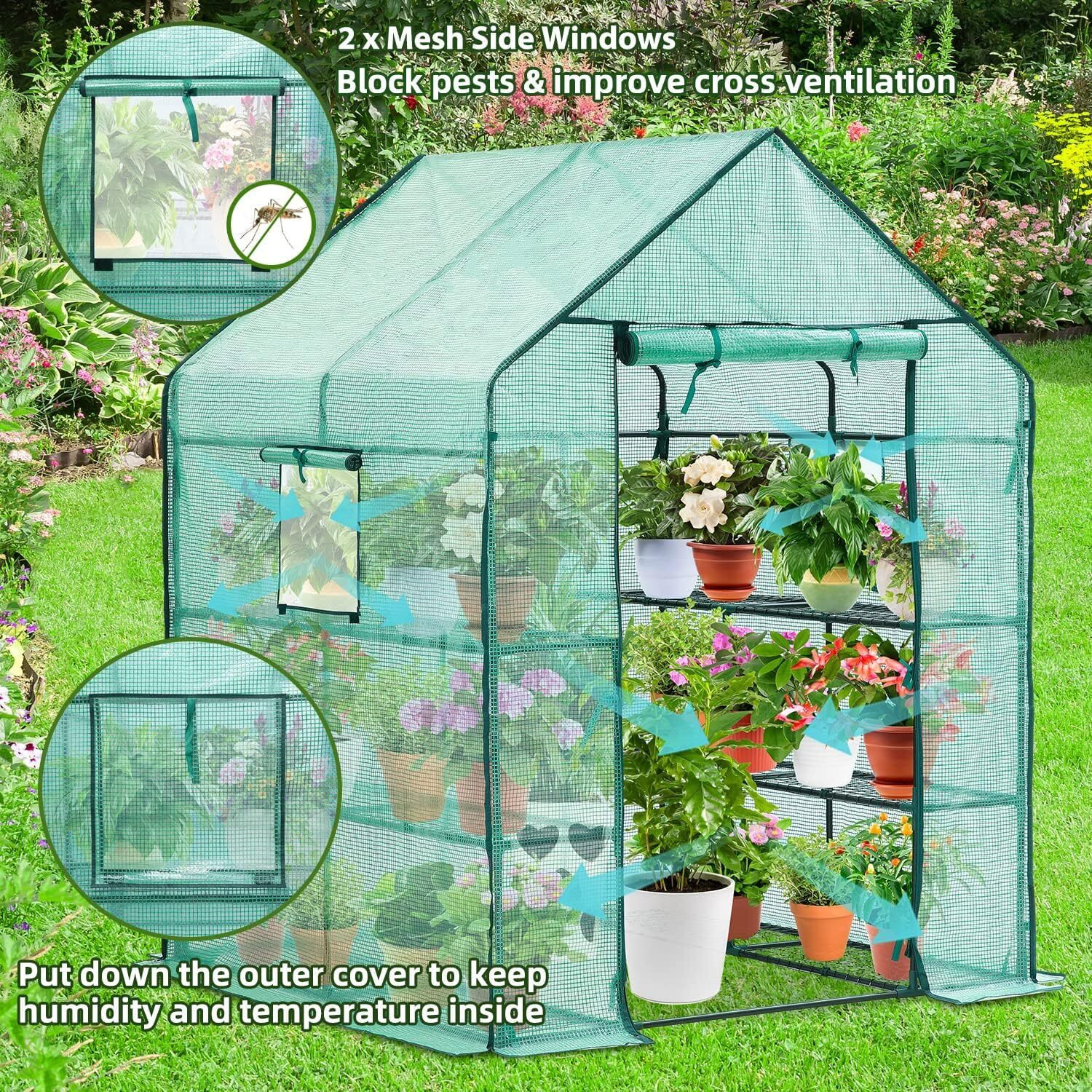 Ohuhu Greenhouse For Outdoors With Screen Windows, 57 X 57 X 76 ' ' Walk In Plant Greenhouses Heavy Duty With Durable Pe Cover, 3 Tiers 12 Shelves Stands Plastic Portable Green House With Shelf Clips