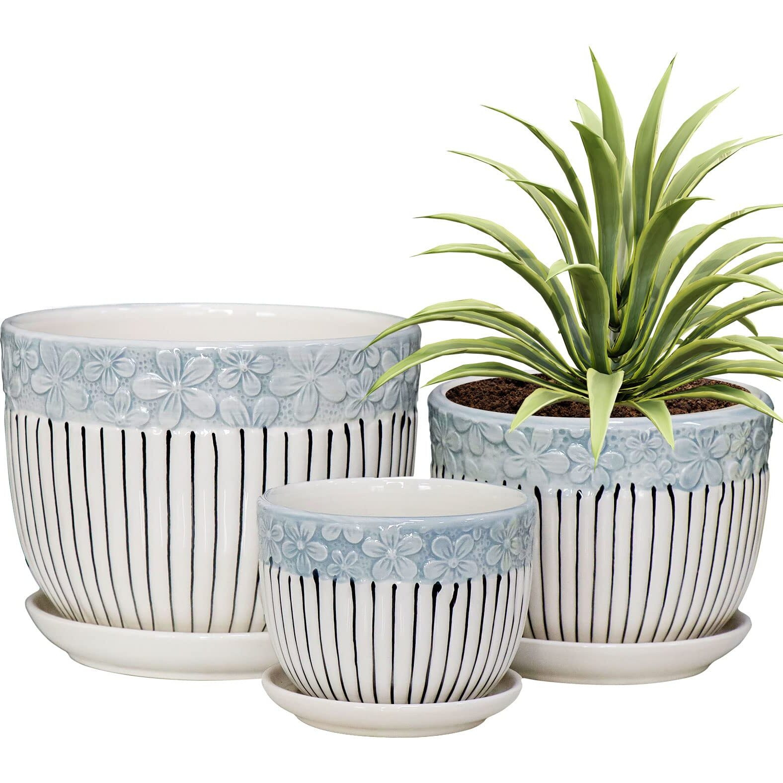 Ton Sin Grey Flower Pots,Texture Planter For Indoor Plants Set Of 3 Ceramic Flower Pots With Saucer,Cute Garden Pots Succulent Pots(3 Pack,Grey