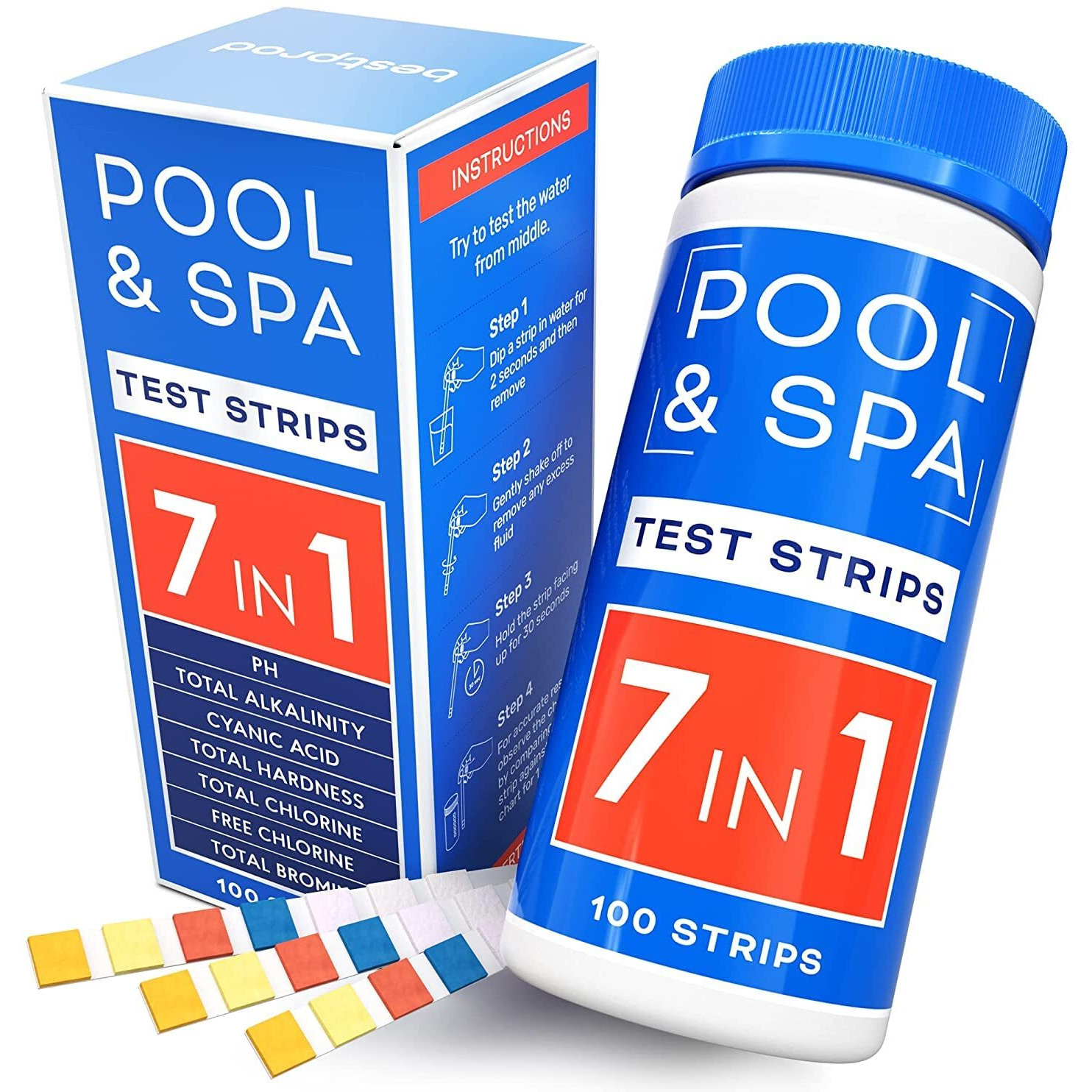 All-New 2023 Pool And Spa Test Strips 7 In 1 Quick & Superaccurate Swimming Pool Test Kit - Hot Tub Test Strips And Pool Water Testing Strips For Ph Chlorine Bromine Hardness Alkalinity Cyanuric Acid