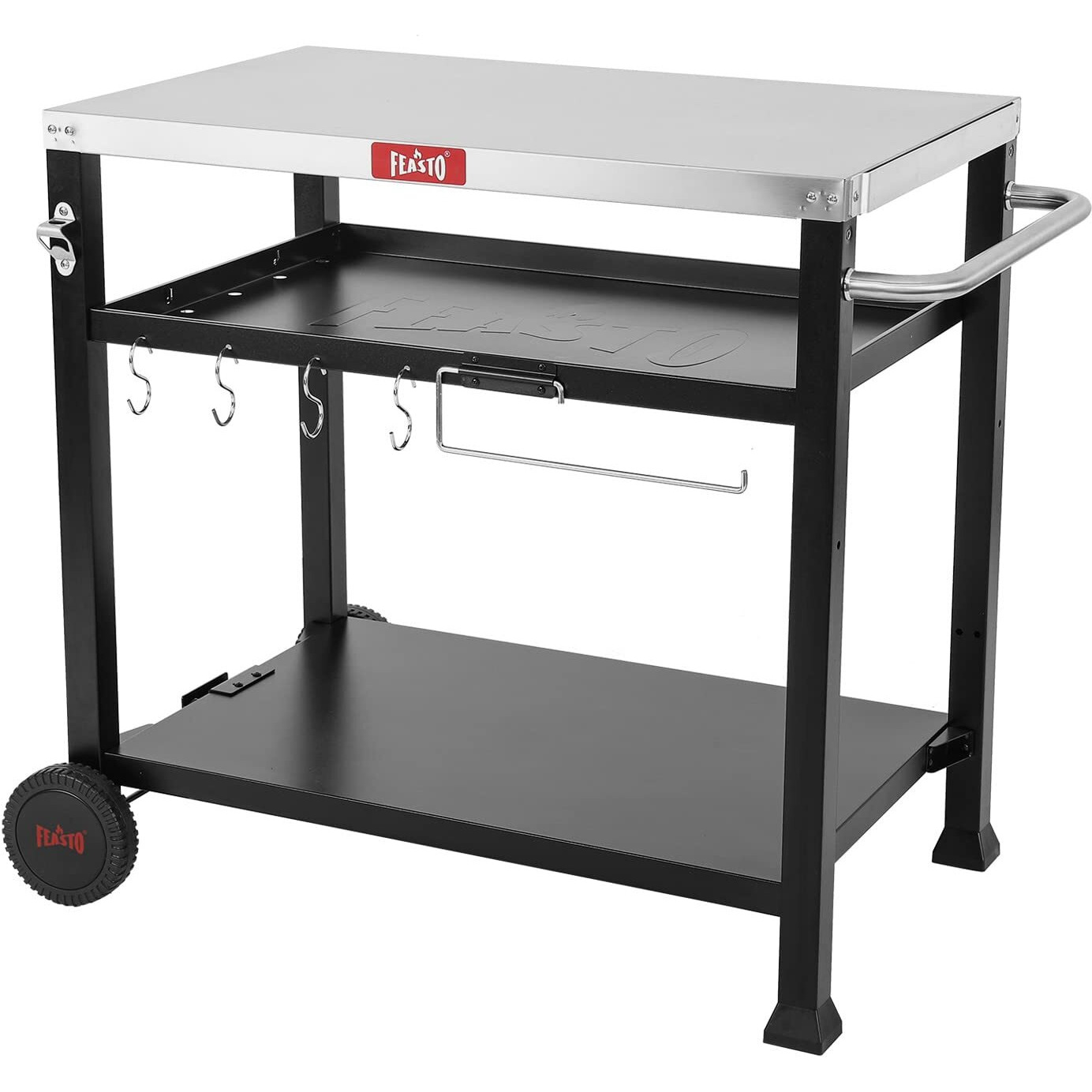 Feasto 3-Shelf Movable Food Prep And Pizza Oven Table, Bbq Grill Cart, Home & Outdoor Multifunctional Stainless Steel Table Top Worktable On 2 Wheels, L39.5 X W25.6 X H33