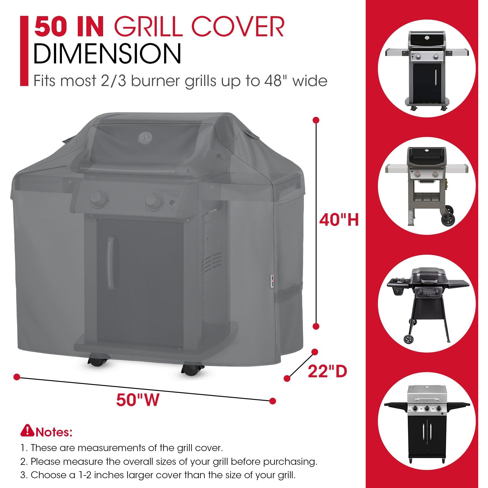 Unicook 50 Inch Grill Cover For 48 Inch Outdoor Grill, Heavy Duty Waterproof Bbq Cover Compatible With Weber Spirit 200 Series, Fade Resiatnt Gas Barbecue Protector, All Weather Protection, Grey