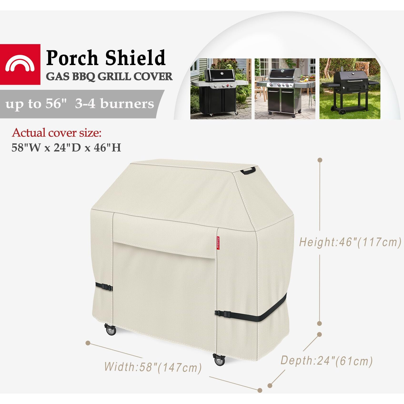 Porch Shield 58W X 24D X 46H Inch Premium Gas Grill Cover Up To 56 Inch, Waterproof And Fade Resistant 600D Bbq Covers For Weber, Brinkmann, Char-Broil And More, Light Tan