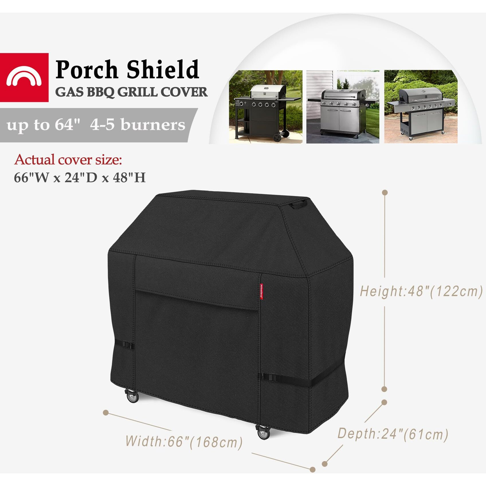 Porch Shield 64W X 24D X 48H Inch Premium Gas Grill Cover Up To 64 Inch, Waterproof And Fade Resistant 600D Bbq Covers For Weber, Brinkmann, Char-Broil And More, Black