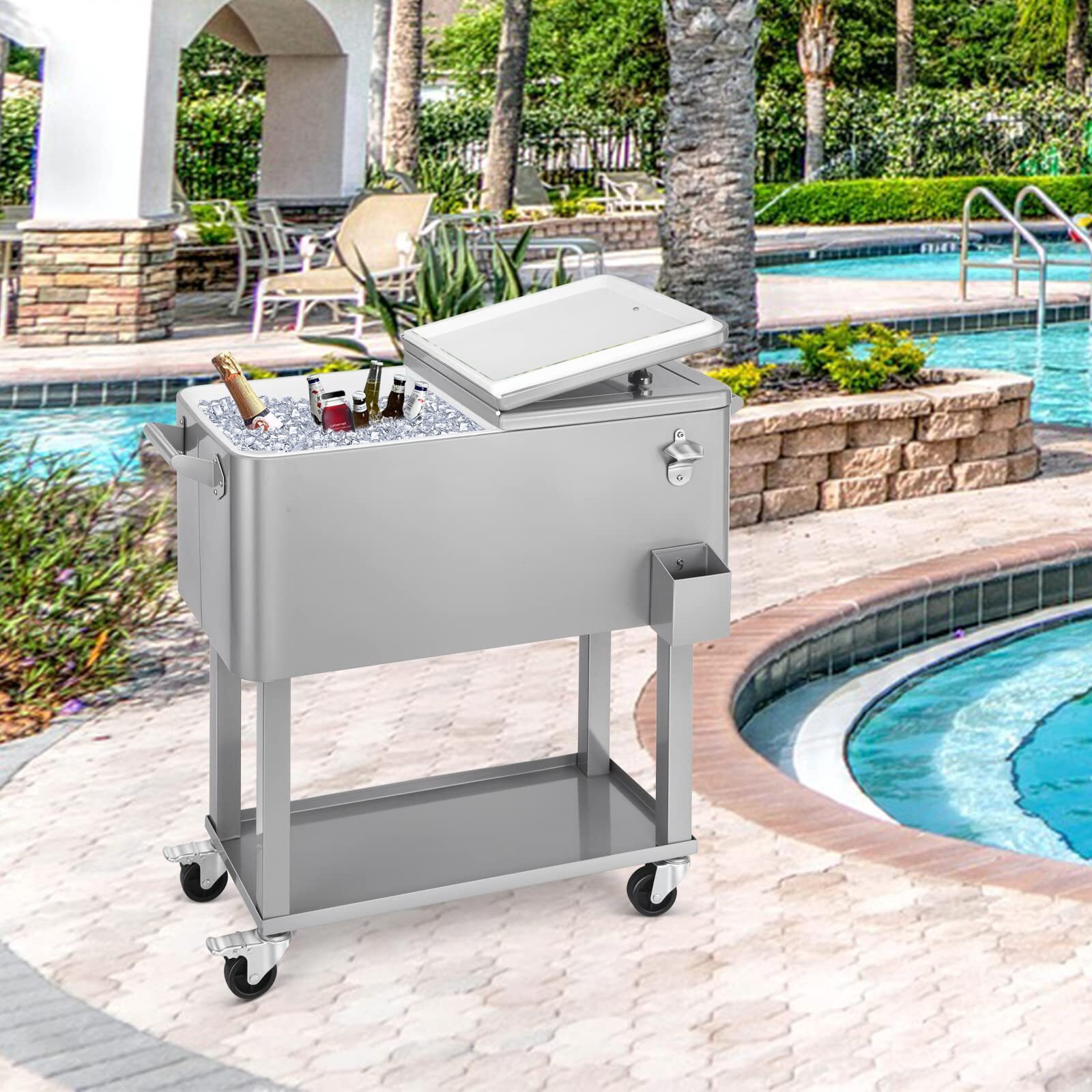 Edostory 80 Quart Rolling Silver Ice Chest Cooler Cart,Patio Backyard Party Drink Beverage Bar Stand Up Cooler Trolley With Ice Scoop