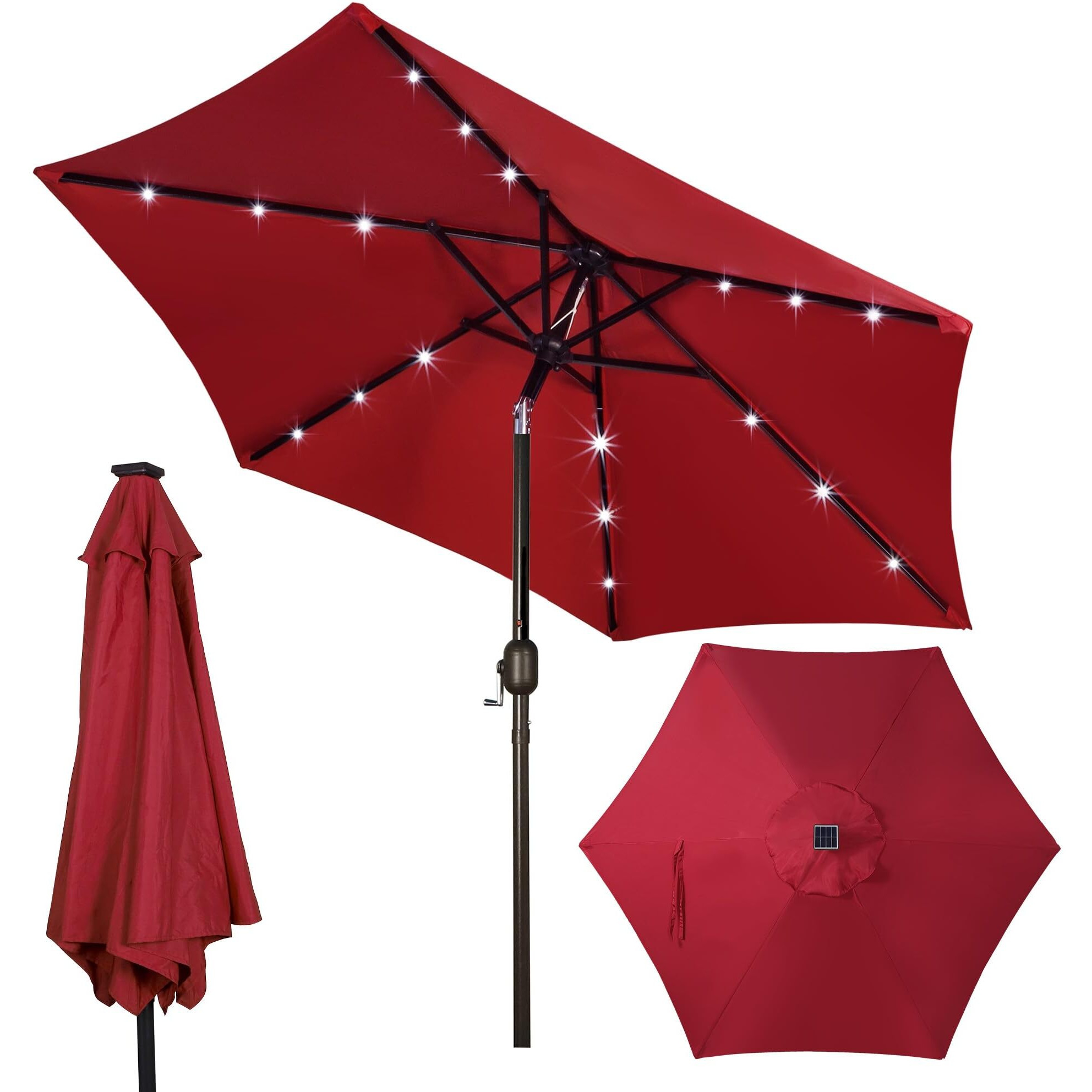 Blissun 7.5 Ft Outdoor Solar Market Table Patio Umbrella With 18 Led Lights, Tilt And Crank For Garden, Deck, Backyard (Red)