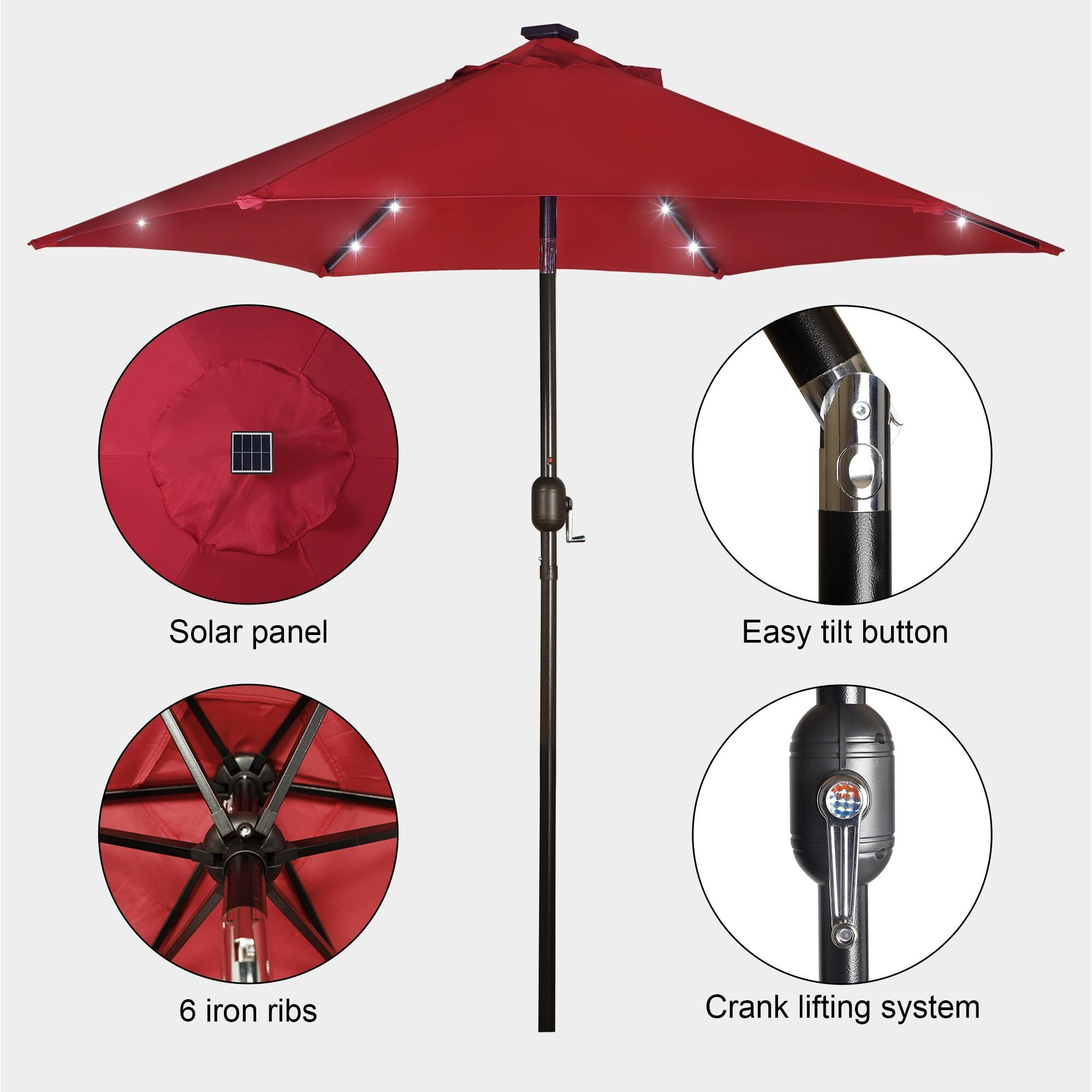 Blissun 7.5 Ft Outdoor Solar Market Table Patio Umbrella With 18 Led Lights, Tilt And Crank For Garden, Deck, Backyard (Red)