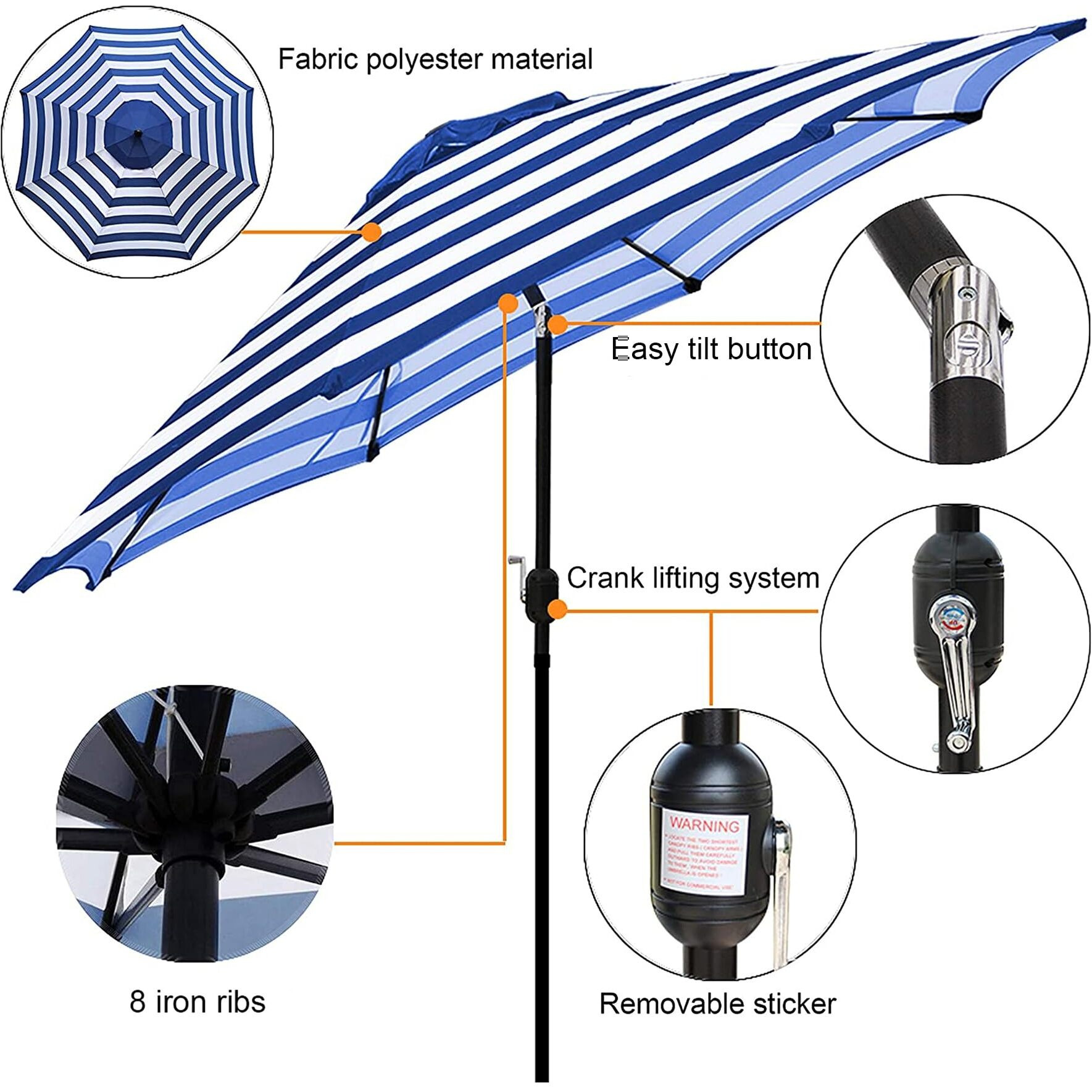 Blissun 9 ' Outdoor Patio Umbrella, Striped Patio Umbrella, Outdoor Table Umbrella, Market Umbrella With 8 Sturdy Ribs, Push Button Tilt And Crank (Blue & White Stripe)