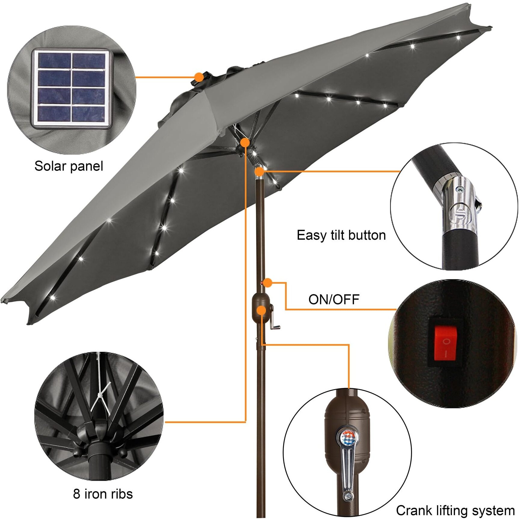 Blissun 9 Ft Solar Umbrella, 32 Led Lighted Patio Umbrella, Table Market Umbrella, Outdoor Umbrella For Garden, Deck, Backyard, Pool And Beach (Grey)