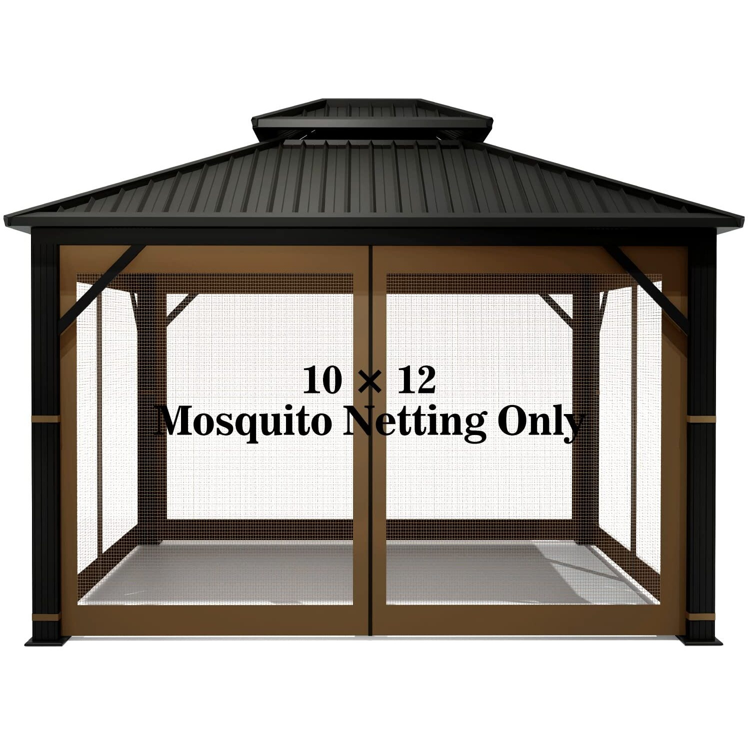 Gazebo Universal Replacement Mosquito Netting - Hugline 10' X 12' Outdoor Mesh Netting Screen 4-Panel Sidewall Curtain With Zipper (Brown)