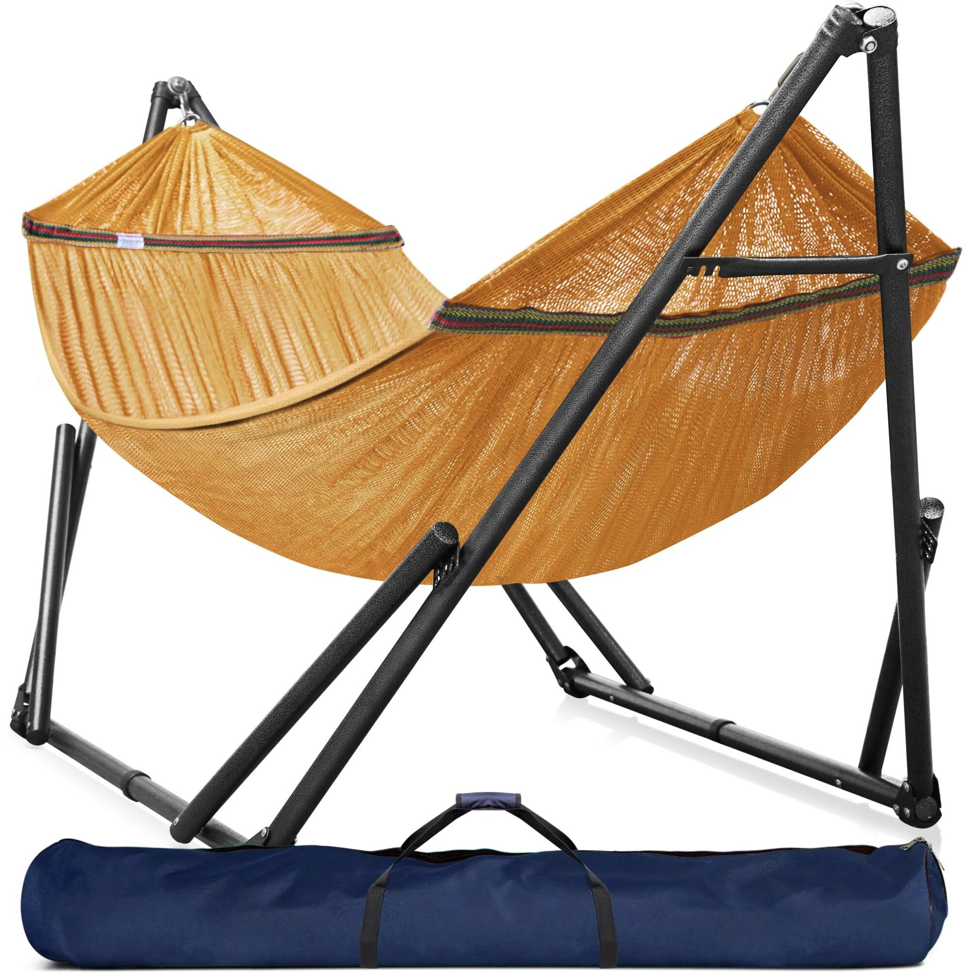 Tranquillo Double Hammock With Stand Included For 2 Persons/Foldable Hammock Stand 600 Lbs Capacity Portable Case - Inhouse, Outdoor, Camping, Yellow