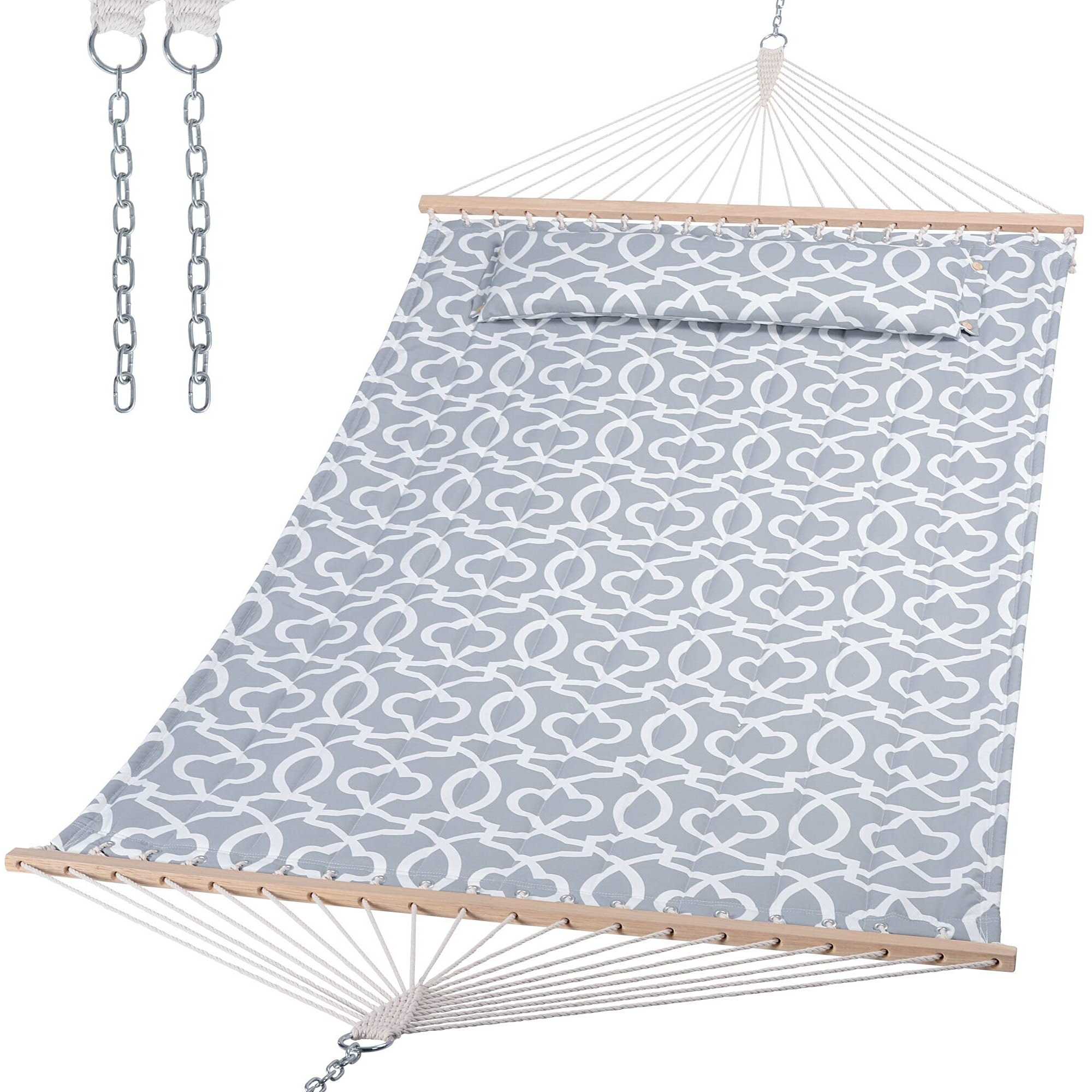 Suncreat Double Quilted Hammock With Hardwood Spreader Bar, Extra Large Soft Pillow, Heavy Duty 2 Person Hammock For Indoor, Outdoor, Grey Pattern