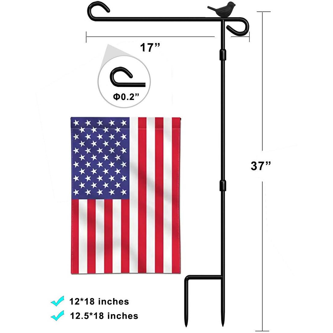 Garden Flag Holder Stand, Premium Garden Flag Pole Stand Metal Anti-Rust Weather-Proof With One Tiger Clip And Two Spring Stoppers No Flag Included