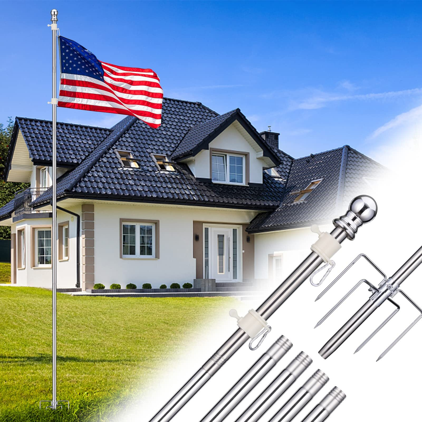 Barcetine Ground Flag Poles For Outside House - 1"" Tangle Free Flag Pole For House With 5 Prong - 9Ft Yard Flag Stand For Outdoor,Wind Resistant & Rustproof - Silver