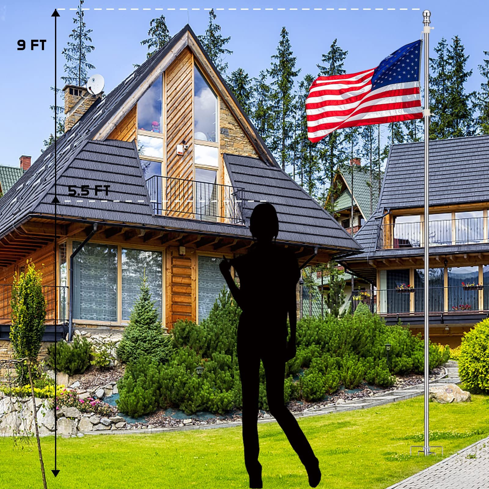 Barcetine Ground Flag Poles For Outside House - 1"" Tangle Free Flag Pole For House With 5 Prong - 9Ft Yard Flag Stand For Outdoor,Wind Resistant & Rustproof - Silver