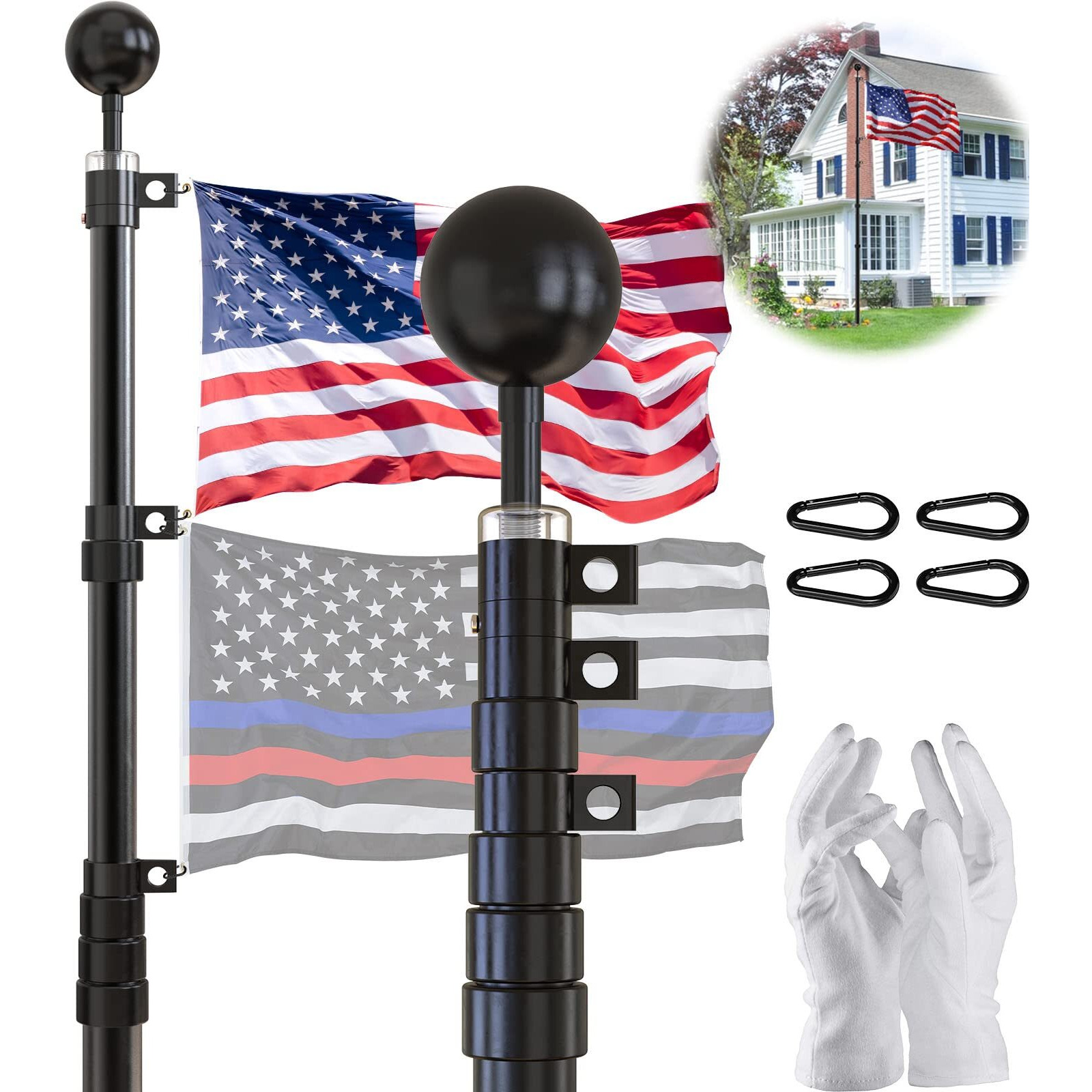 Scwn Flag Pole For Outside In Ground-25Ft Telescoping Extra Thick Heavy Duty Flagpole For Yard,With 3X5 American Flag,Telescopic Adjustable Outdoor Flag Poles,For Commercial Or Residential(Black)