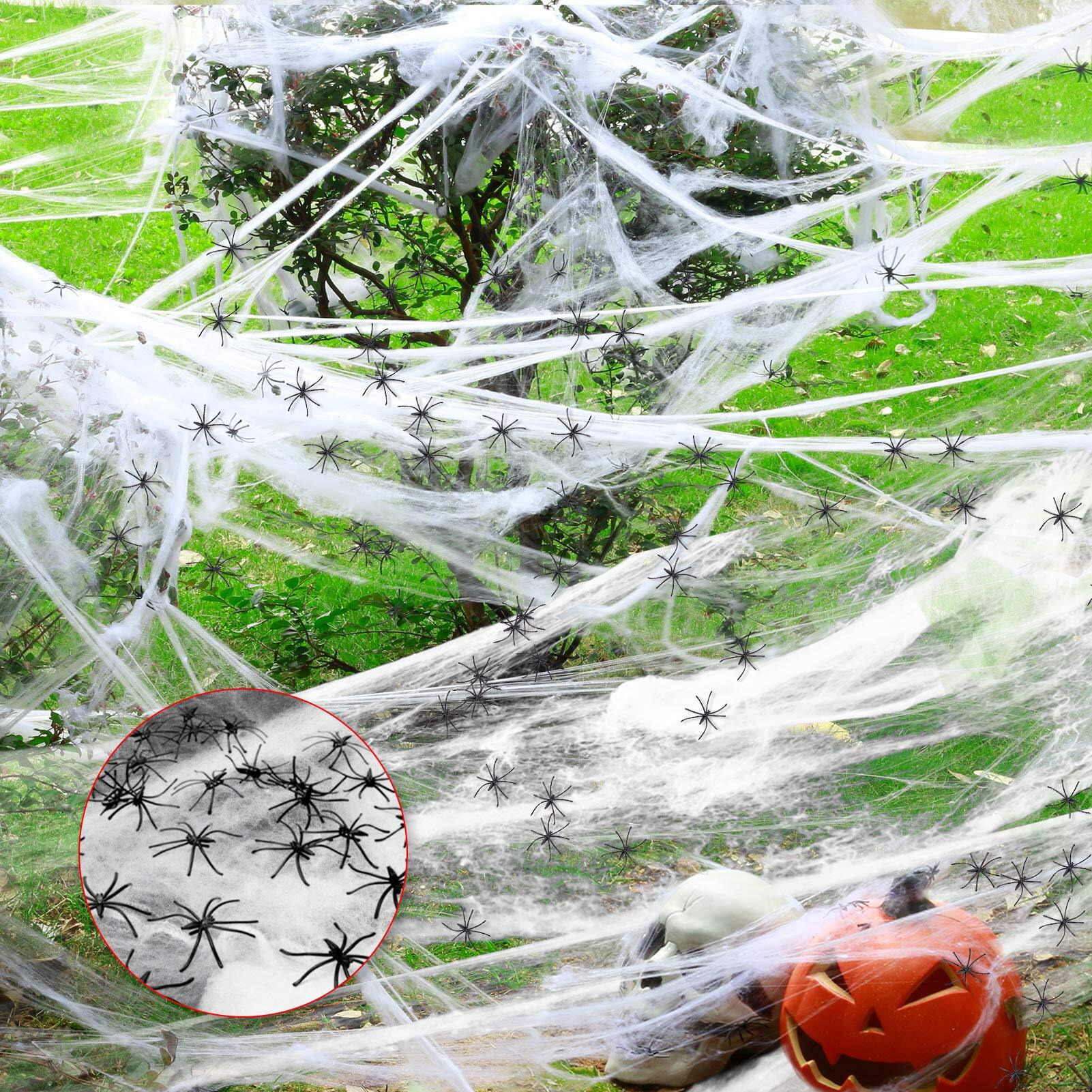 1000 Sqft Halloween Spider Web Decorations With 100 Fake Spiders, Super Stretch Spider Webs Cobwebs Decor, Haunted House Yard Creepy Scene Props Indoor Outdoor Decor And Halloween Party Supplies