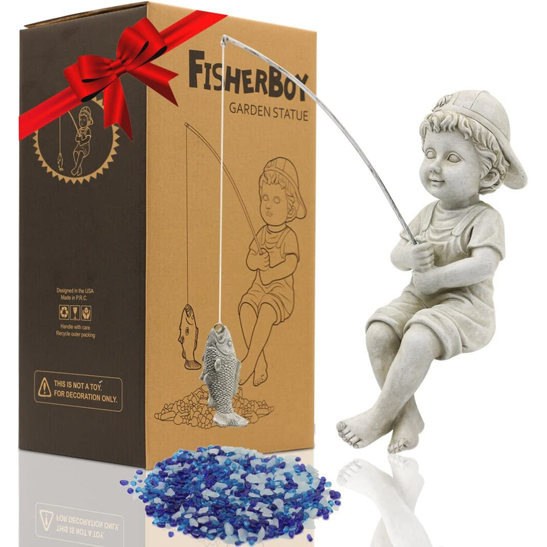 Goodeco Fisherboy Statue Garden Decor - 11"" Little Fishing Guy For Koi Pond Or Waterfalls, Poolside Statue With Glow In Dark Pebbles Included, Great Gifts For Mom, Women Or Birthdays, Gift Ideas