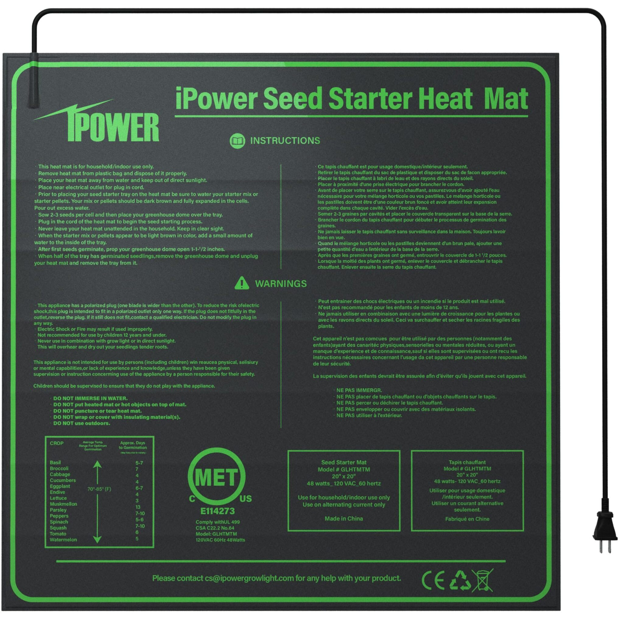 Ipower Glhtmtm-A 20"" X 20"" Waterproof Durable Seedling Heat Mat Warm Hydroponic Plant For Indoor Gardening Germination Starting, Black