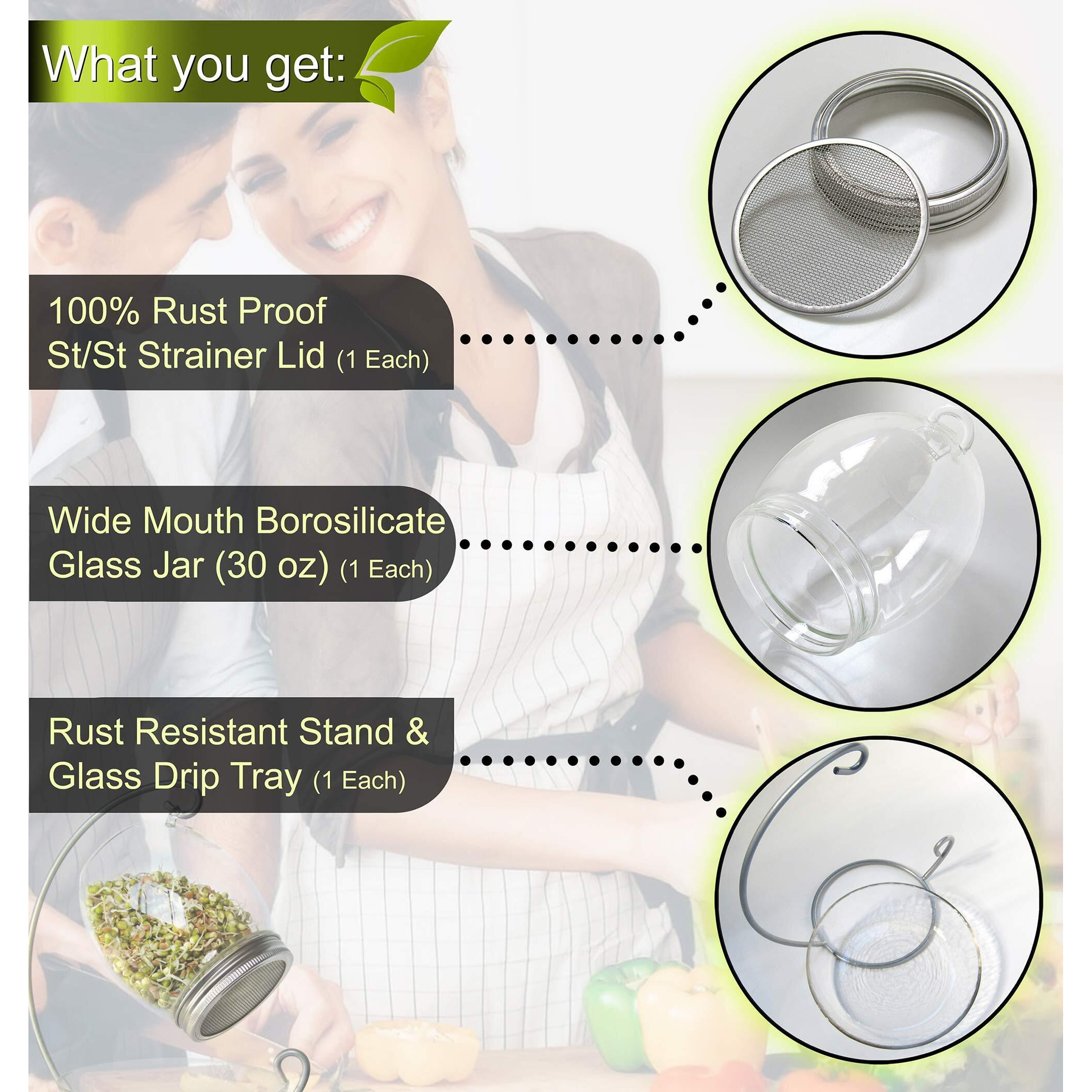 Premium Sprouting Jar Kit - Unique 30 Oz Wide Mouth Sprouting Jar, Stand, Tray And 316 Stainless Screen Lid | Decorative Indoor Seed Sprouter And Germinator (1 Kit)