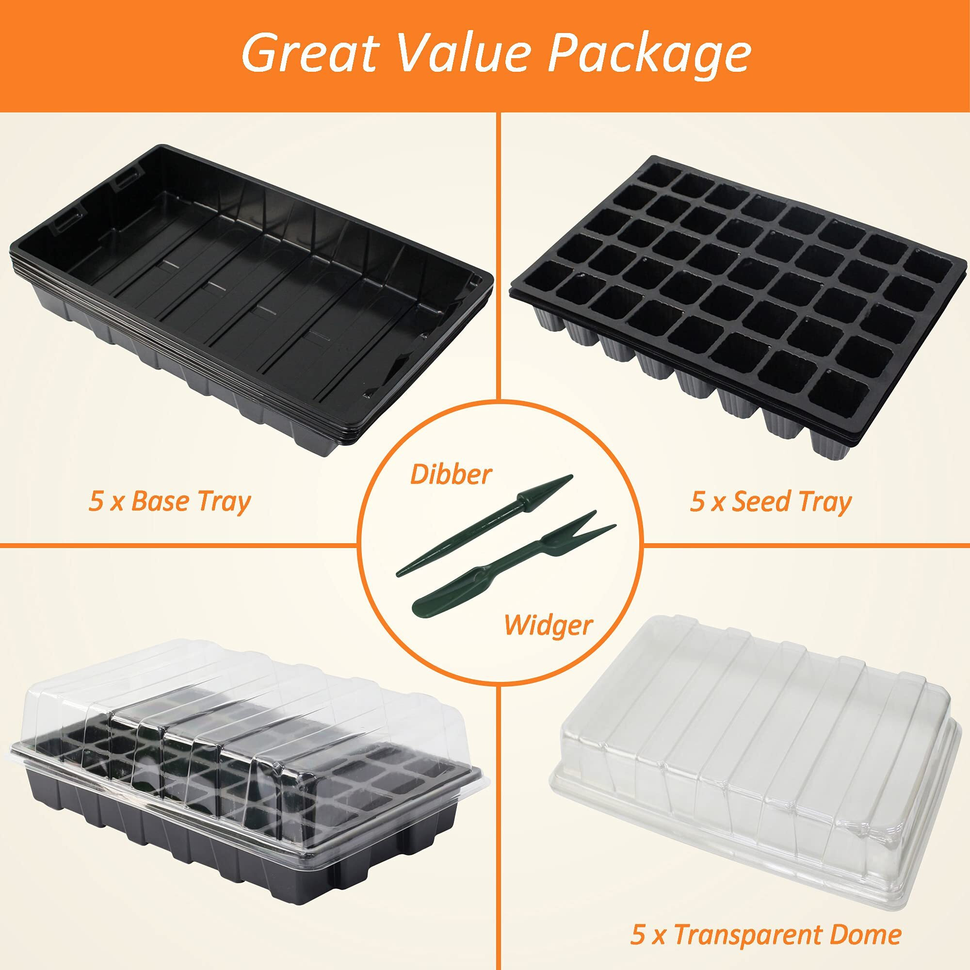 Gardzen 5-Set Garden Propagator Set, Seed Tray Kits With 200-Cell, Seed Starter Tray With Dome And Base 15"" X 9"" (40-Cell Per Tray)
