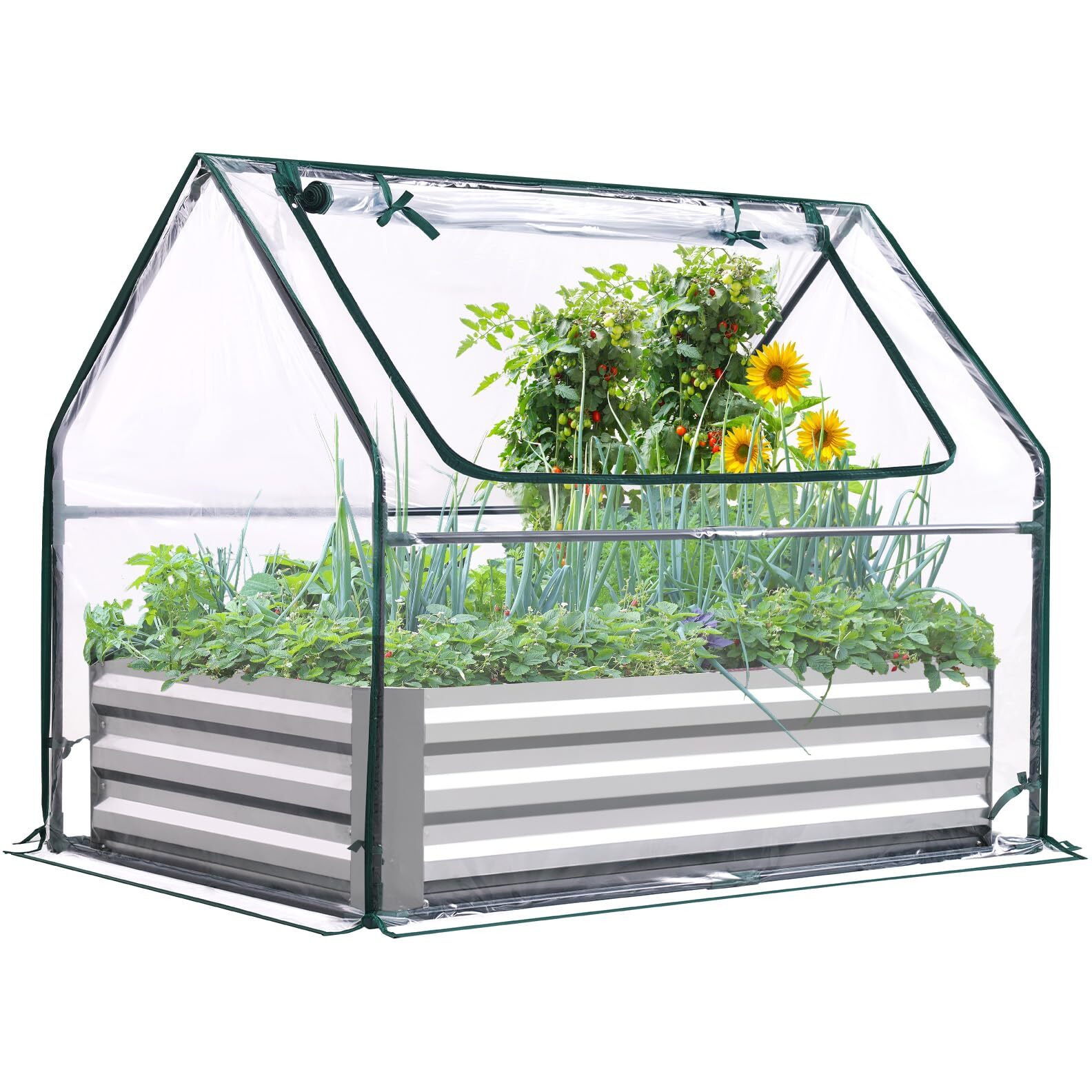 Quictent Raised Garden Bed With Cover Outdoor Galvanized Steel Planter Box Kit With Greenhouse Large Zipper Window Dual Use, 20Pcs T-Type Tags & 1 Pair Of Gloves Included 4X2.6X1 Ft, Clear