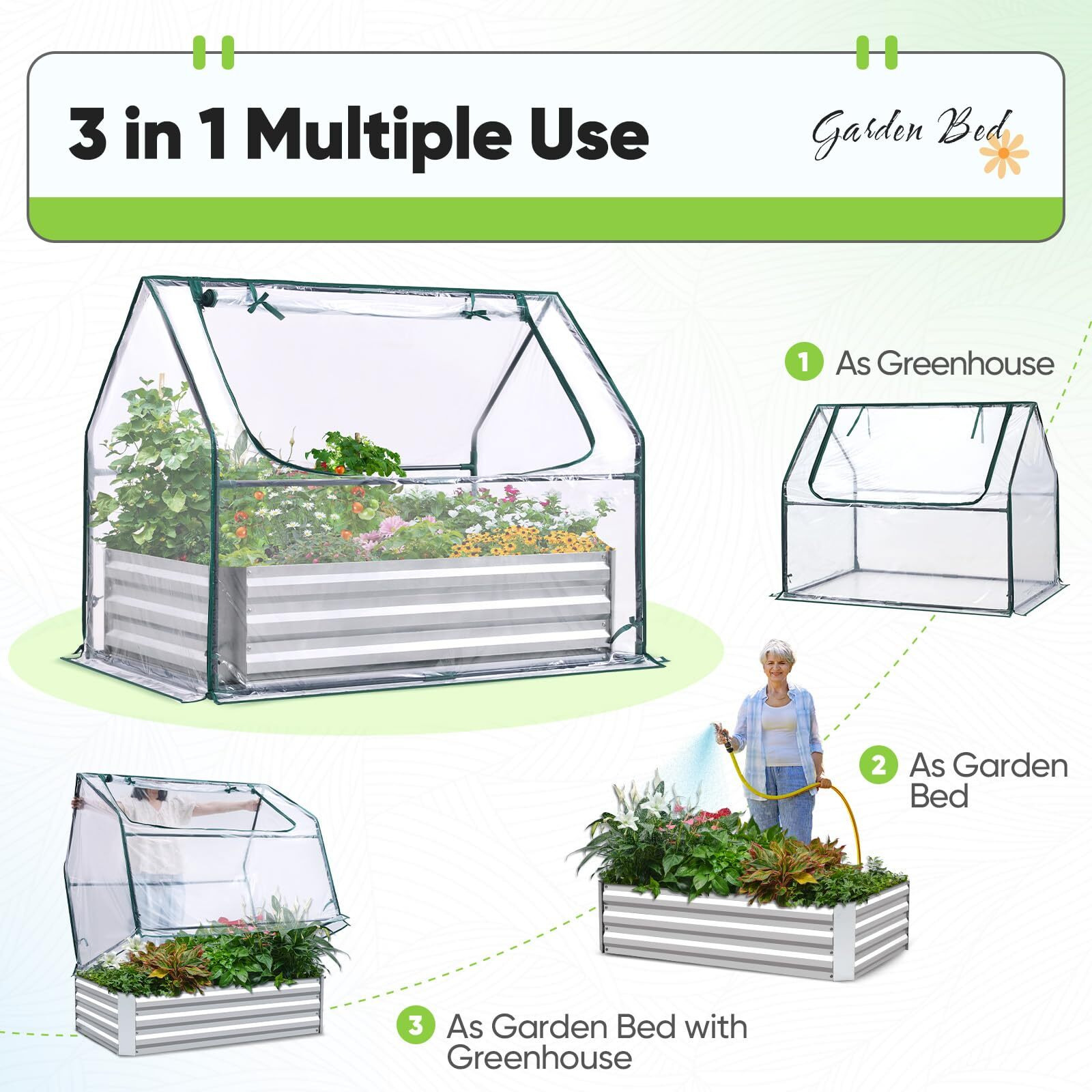 Quictent Raised Garden Bed With Cover Outdoor Galvanized Steel Planter Box Kit With Greenhouse Large Zipper Window Dual Use, 20Pcs T-Type Tags & 1 Pair Of Gloves Included 4X2.6X1 Ft, Clear