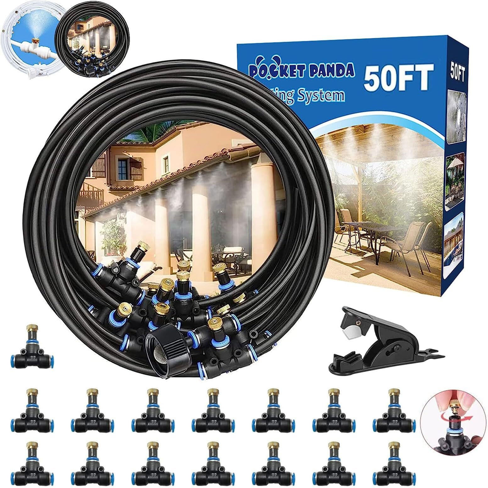 Misters For Outside Patio,Outdoor Water Misting Cooling System,50Ft|15M.Backyard Mist Hose Kit For Garden,Greenhouse,Fan,Deck,Umbrella,Canopy,Pool,Porch.Trampoline Sprinkler Park,Bbq Party Accessories