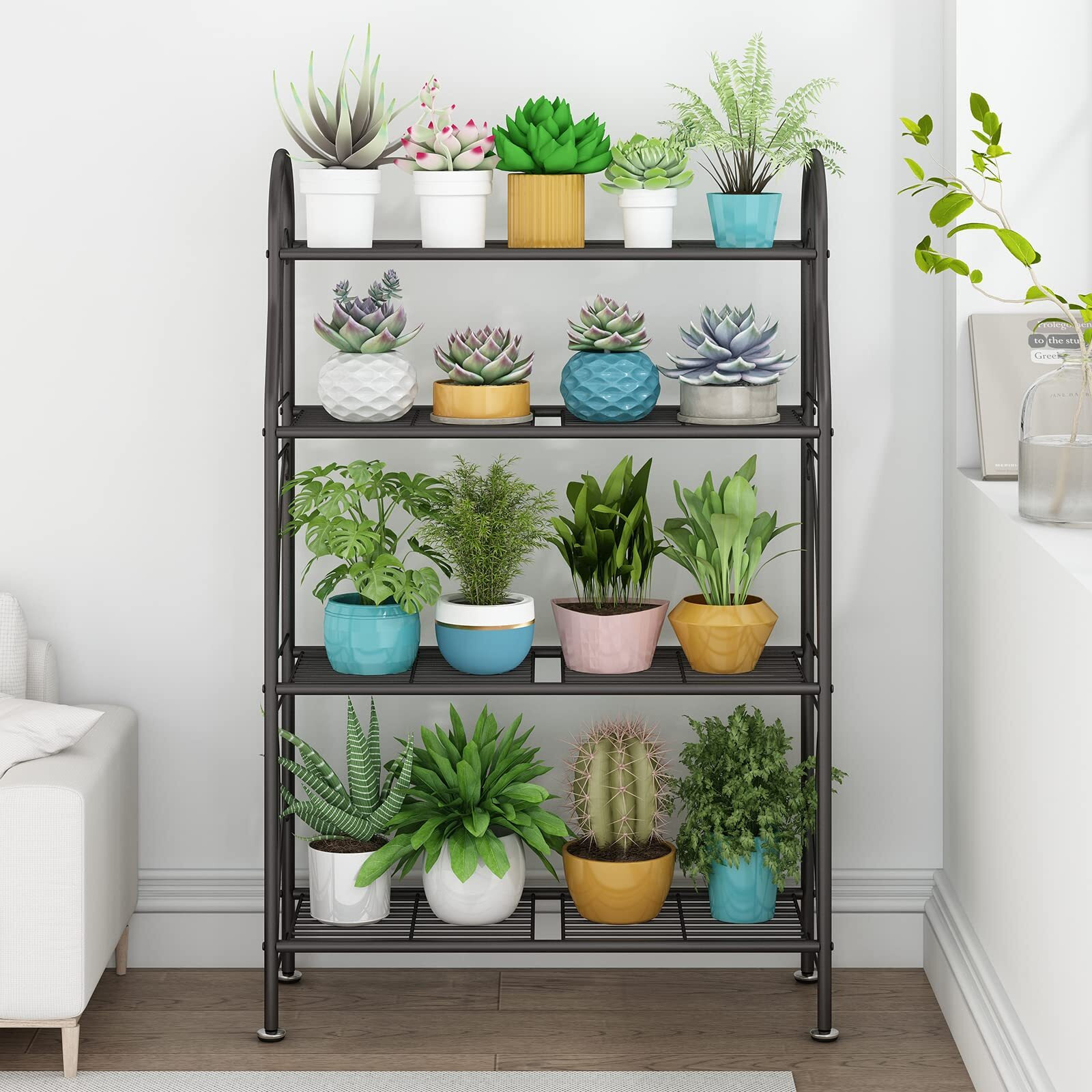 Sorcedas Plant Stand Indoor Outdoor Plant Stands 4 Tier Metal Corner Plant Shelf Multiple Holder For Living Room Balcony Garden, Dark Grey