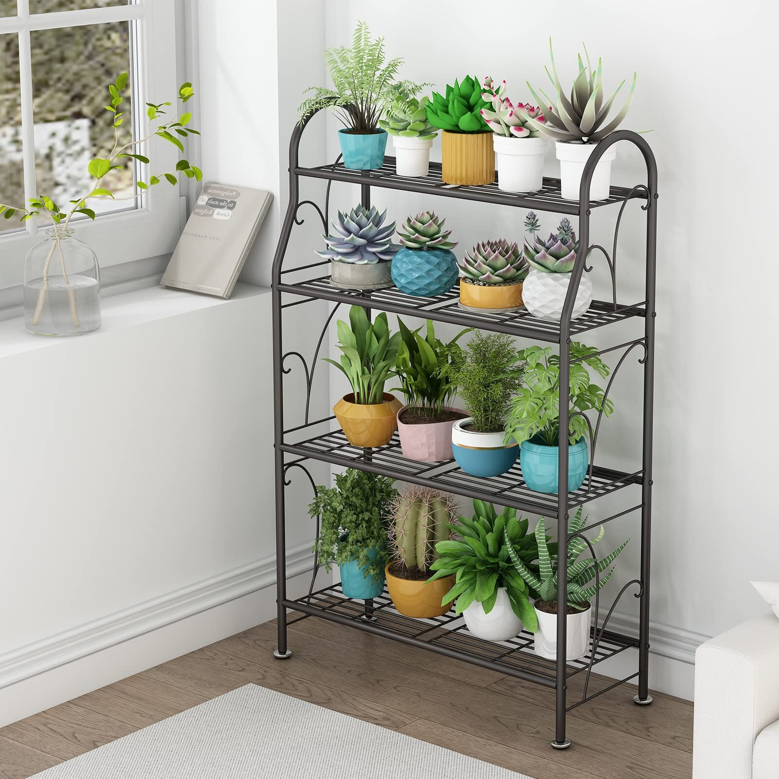 Sorcedas Plant Stand Indoor Outdoor Plant Stands 4 Tier Metal Corner Plant Shelf Multiple Holder For Living Room Balcony Garden, Dark Grey