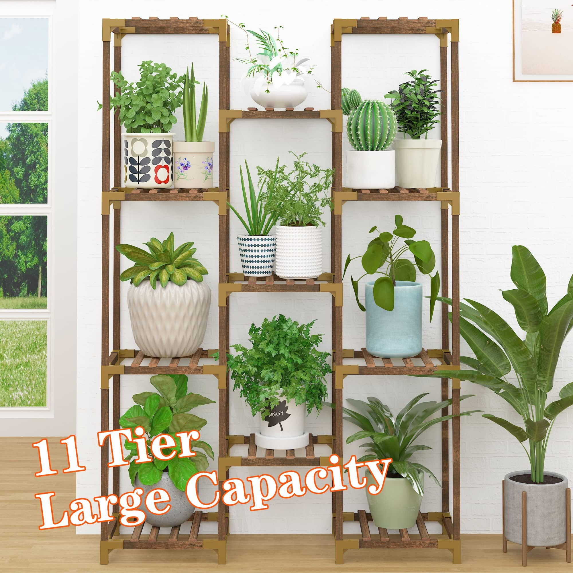 Homkirt Plant Stand Indoor Outdoor, 11 Tier Reinforced Plant Shelf Tall Plant Stands For Multiple Plants Large Wood Plant Rack Holder Garden Shelves Flower Stand For Living Room Patio Corner