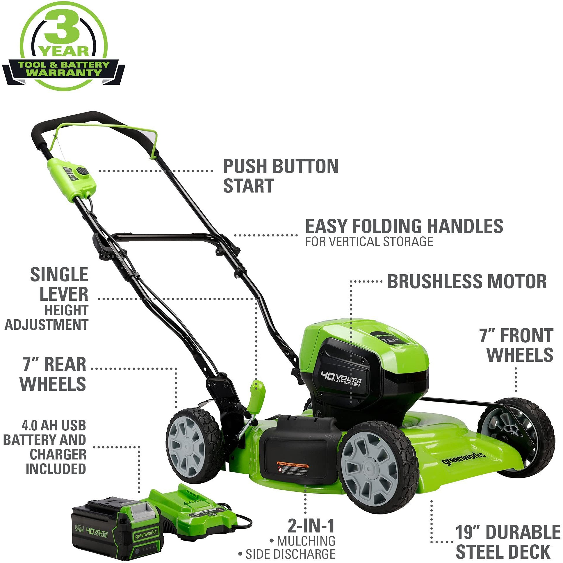 Greenworks 40V 19"" Brushless (2-In-1) Lawn Mower, 4Ah Usb (Power Bank) Battery And Charger Included Mo40L414