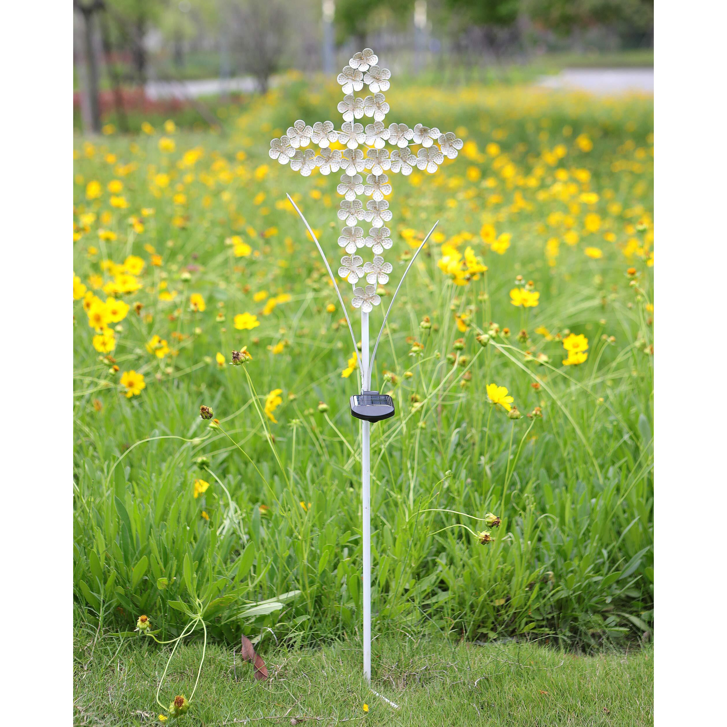 Wsgift Solar White Cross Garden Stake Lights Metal Hydrangea Cross Stake Memorial Gift W/ 28 Solar Leds Solar Cross Lights Perfect As Cross Remembrance Gifts & Sympathy Gifts (10"" W X 40"" H)
