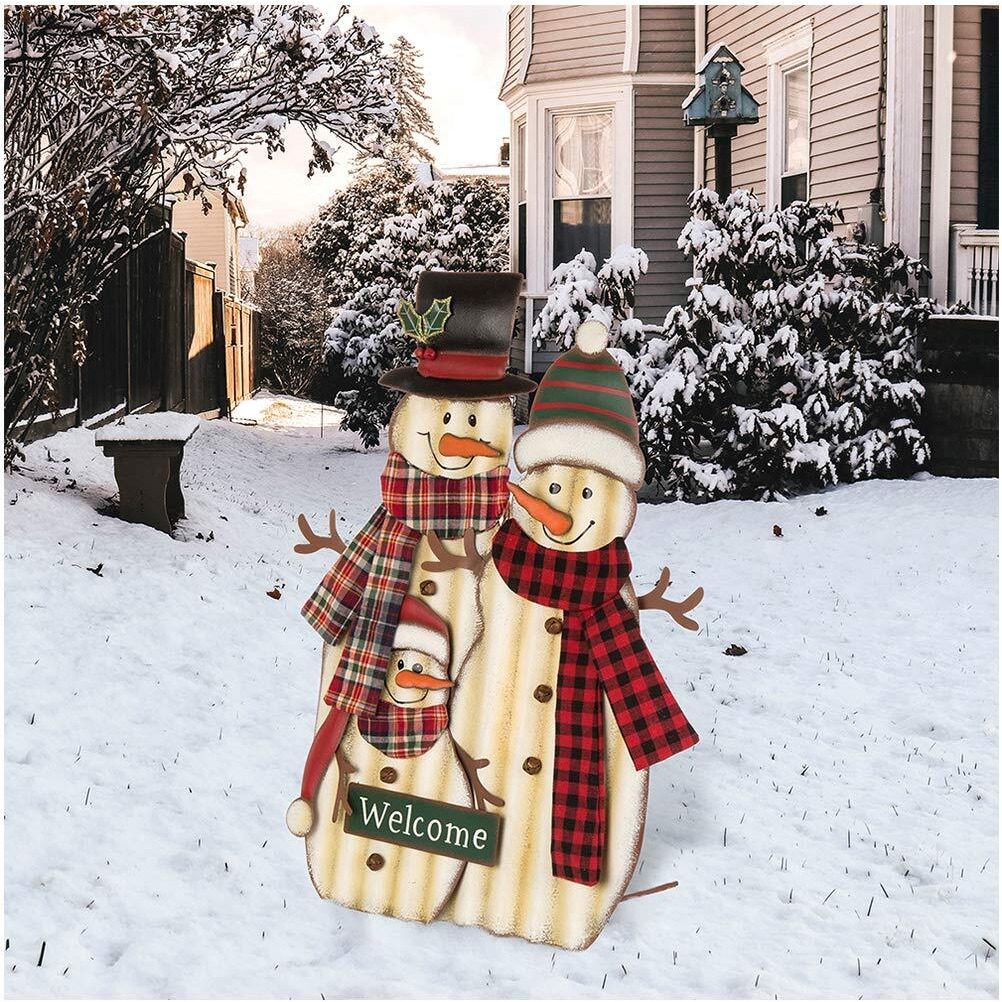 Glitzhome 30"" H Metal Christmas Snowman Family Yard Stake, Holiday Decorations Outdoor Standing Hanging Display, Xmas Holiday Wall Ornament For Lawn Outdoor Holiday Decoration