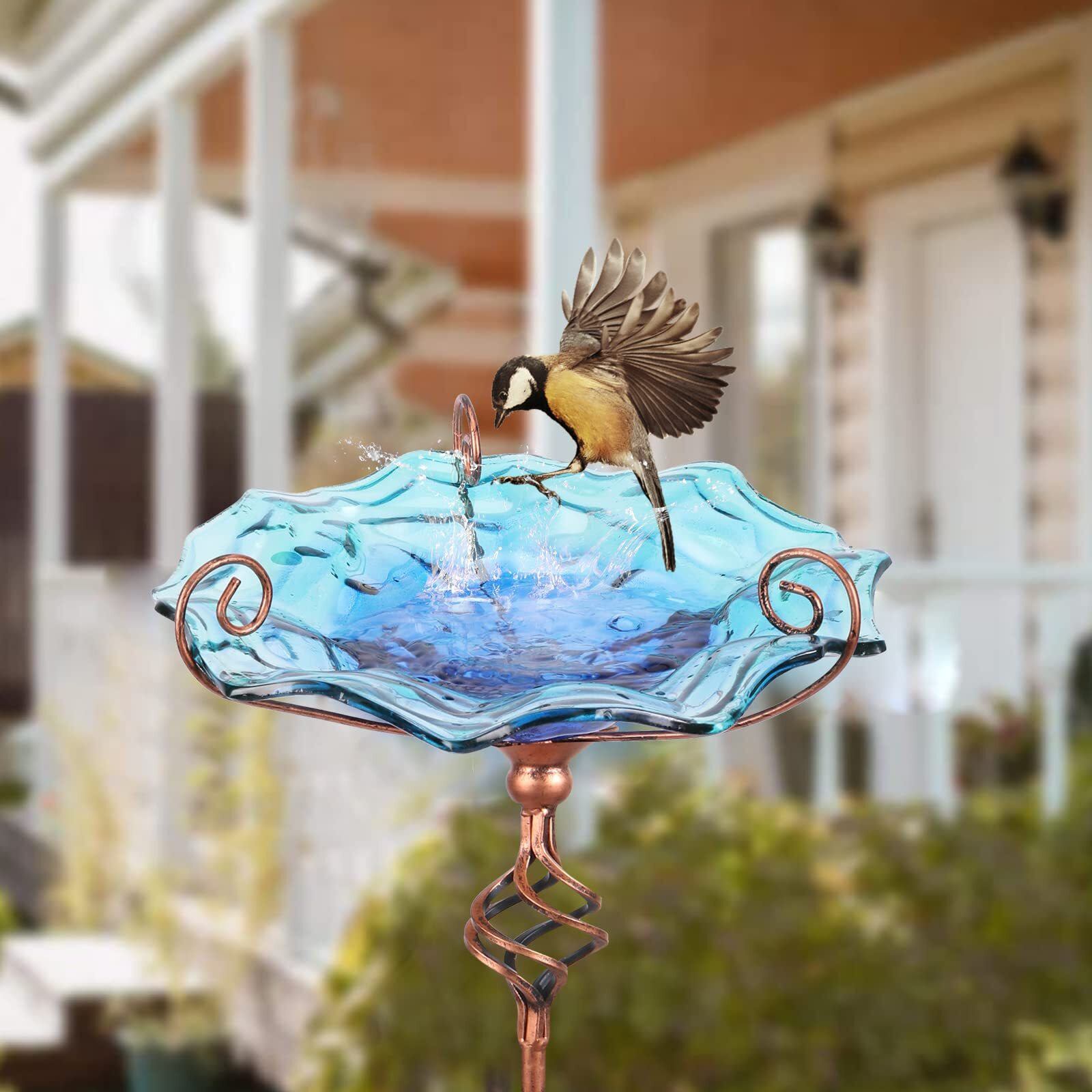 Vcuteka Glass Bird Bath Outdoor Birdbath Bird Feeder With Metal Stake Garden Decor