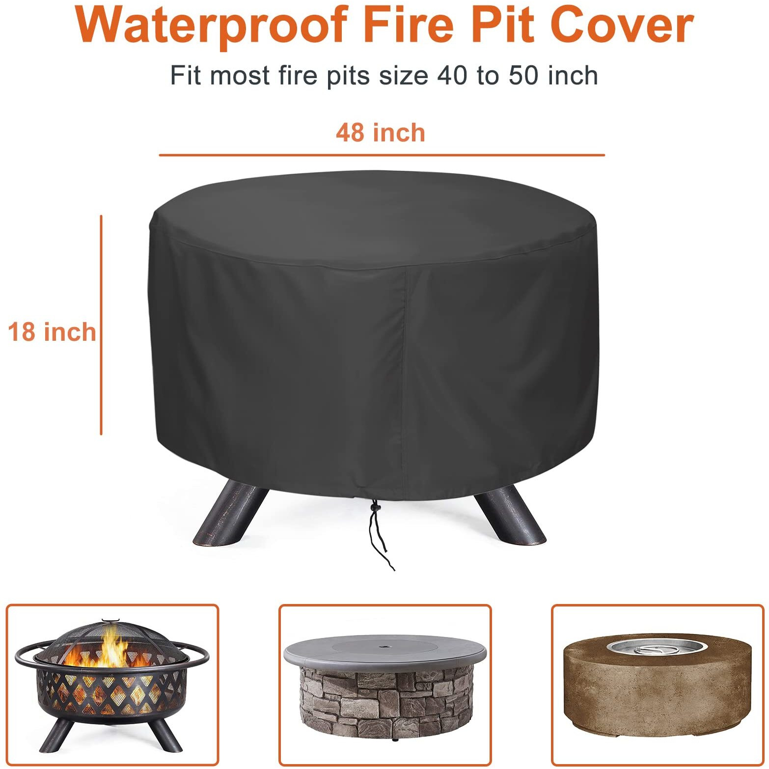 Lbting Fire Pit Cover, 48 Inch Cover For 40-48 Inch Round Firepit, Waterproof Windproof Dustproof Uv-Resistant Heavy Duty Cover For Outdoor Patio Firepit Table - Black