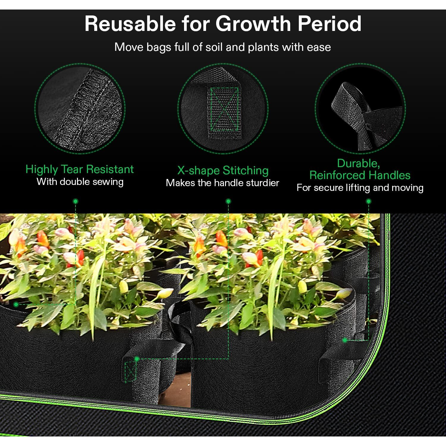 Vivosun 5-Pack 20 Gallon Plant Grow Bags, Heavy Duty Thickened Nonwoven Fabric Pots With Handles