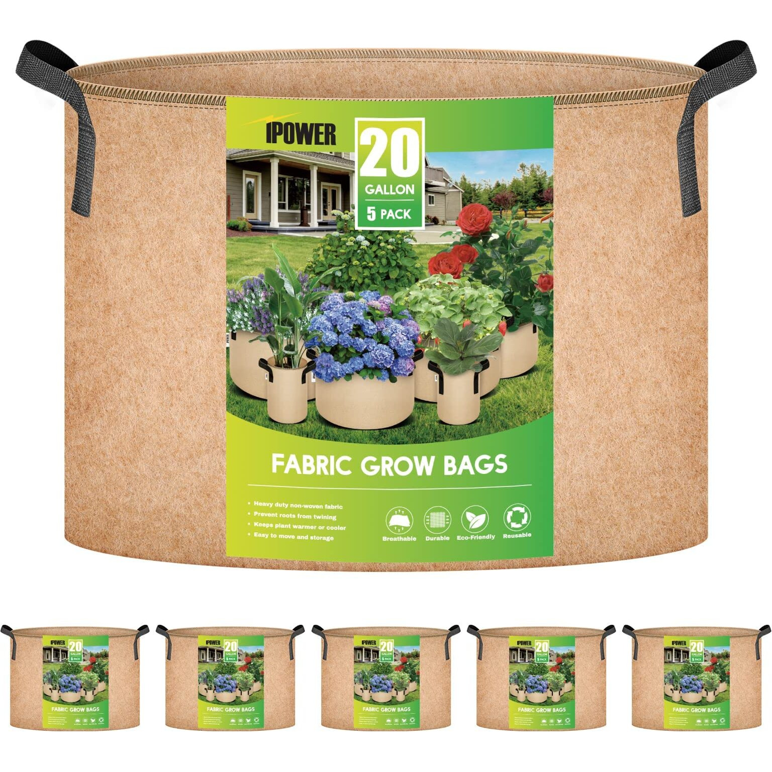 Ipower 20 Gallon Grow Bags Nonwoven Fabric Pots Aeration Container With Strap Handles For Garden And Planting, 5-Pack Tan, 20 Gallon 20 Gallon