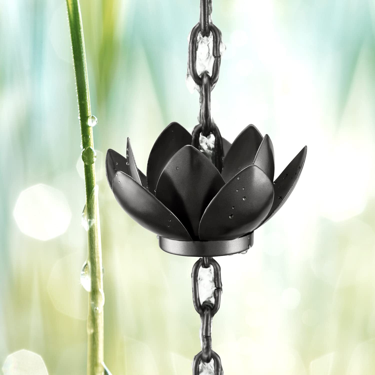 Oak Leaf Rain Chain, Lotus Rain Catcher Chain For Gutters Outside With Adapter, Rain Chain Cups To Replace Gutter Downspout, Divert Water And Home Display, 12 Cups, Adjustable,Black Powder Coated
