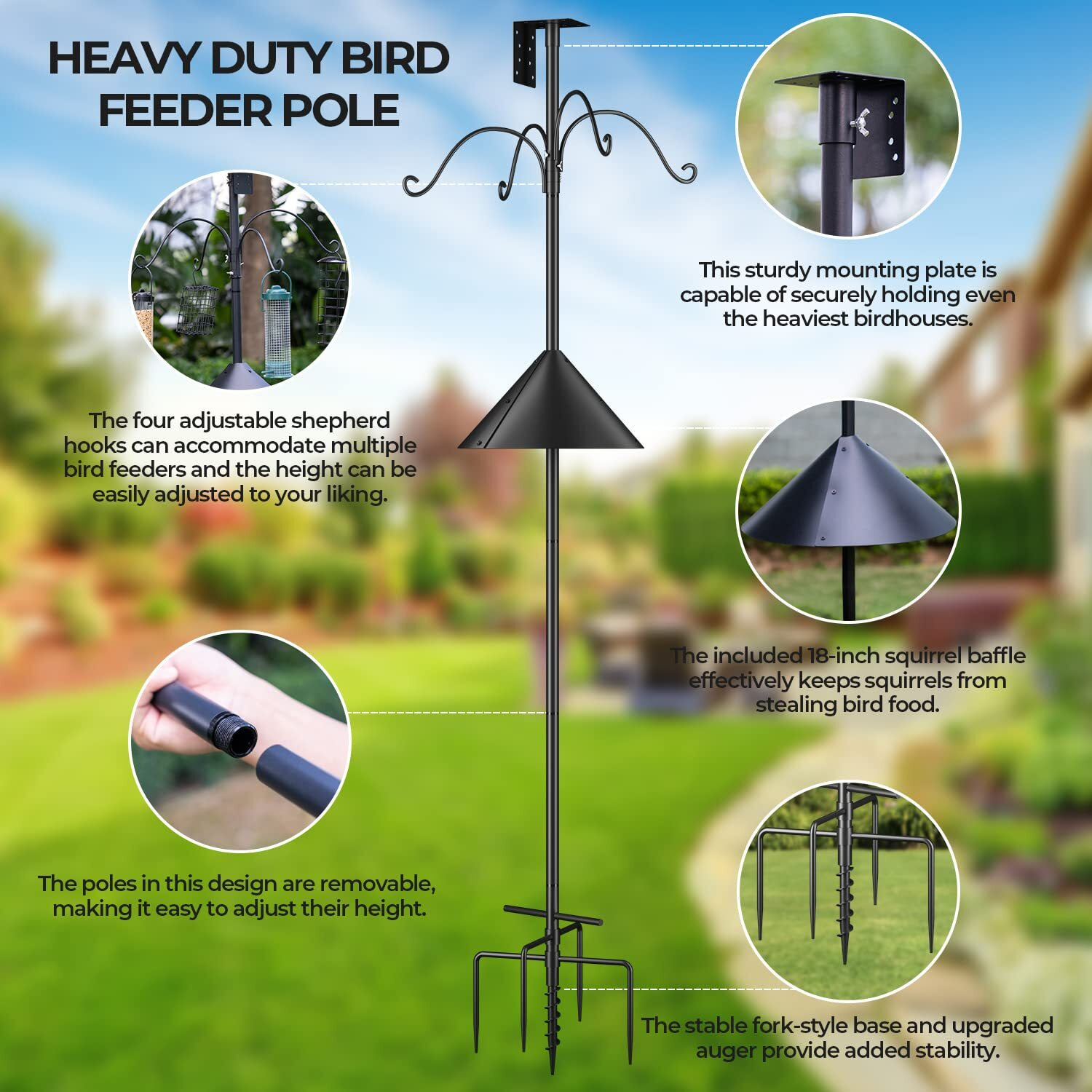 Bird Feeders Pole, Bird House Pole 80 Inch, Adjustable Heavy Duty Bird Feeder Stand Pole, Bird Feeding Station With Sturdy Anchor Squirrel Proof Baffle For Bird Watching (Bird House Not Included)