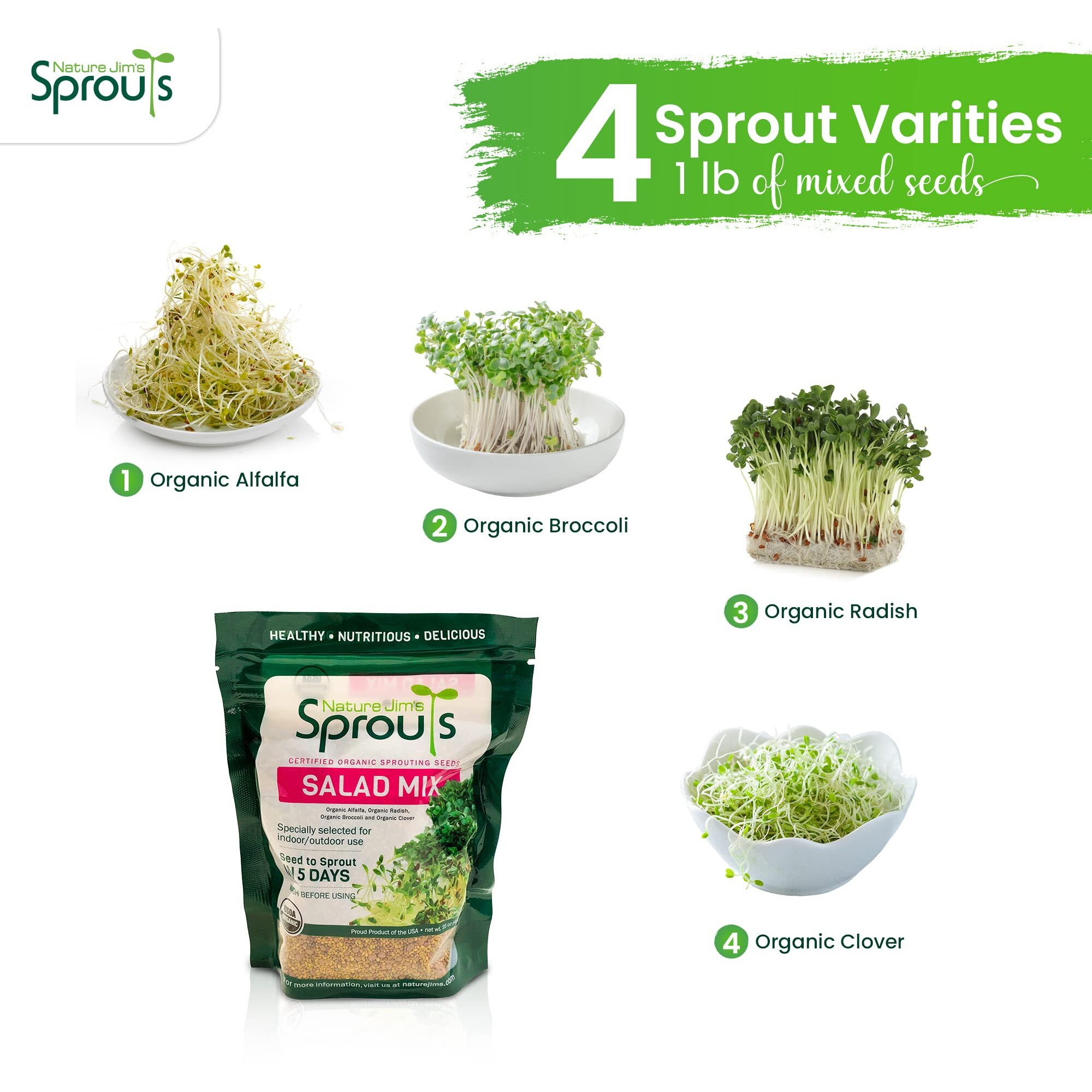 Nature Jims Sprouts Salad Sprout Mix - Organic Salad Mix For Growing - Non-Gmo Microgreen Seeds - Healthy Broccoli, Alfalfa, Radish, Clover Sprouting Seeds Variety Mix - Microgreens Growing 1Lb