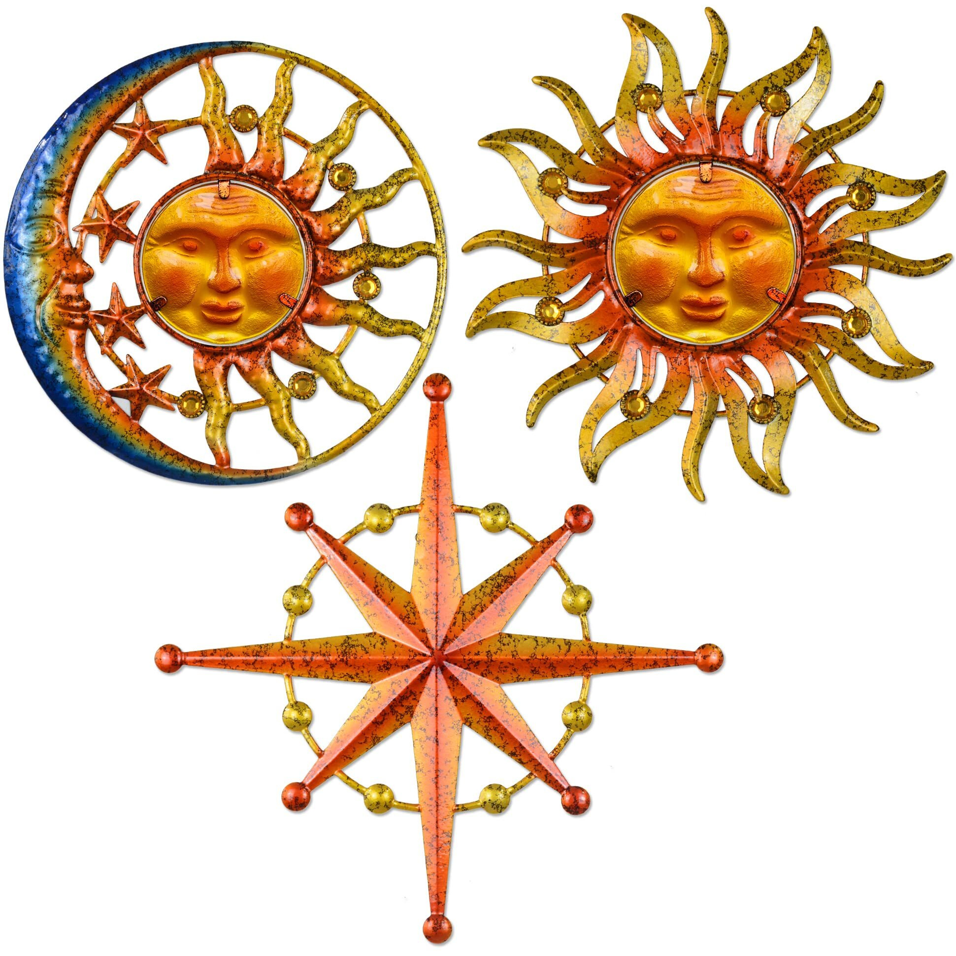 Bvlfook Metal Sun Wall Art Decor For Outdoor Patio, Sun Moon Star, Metal & Glass Hanging Wall Decoration For Fence Patio Garden Balcony Porch Yard Living Room Bedroom, Set Of 3, 9 Inch Bohemia Boho