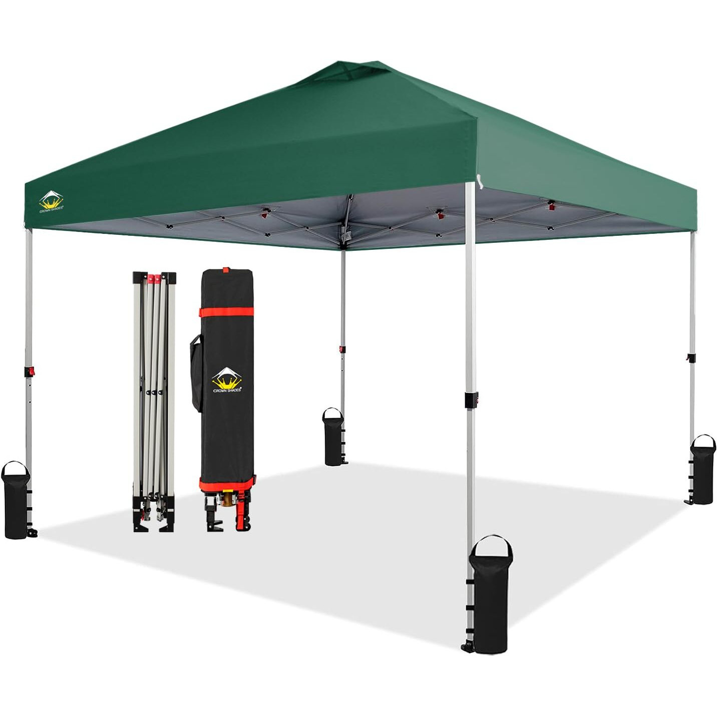 Crown Shades 10X10 Pop Up Canopy - Beach Tent With One Push Setup - Easy Outdoor Sun Shade For Events, Parties, Camping - Gazebo With Sto-N-Go Cover Bag, Silver Coated Top, Forest Green