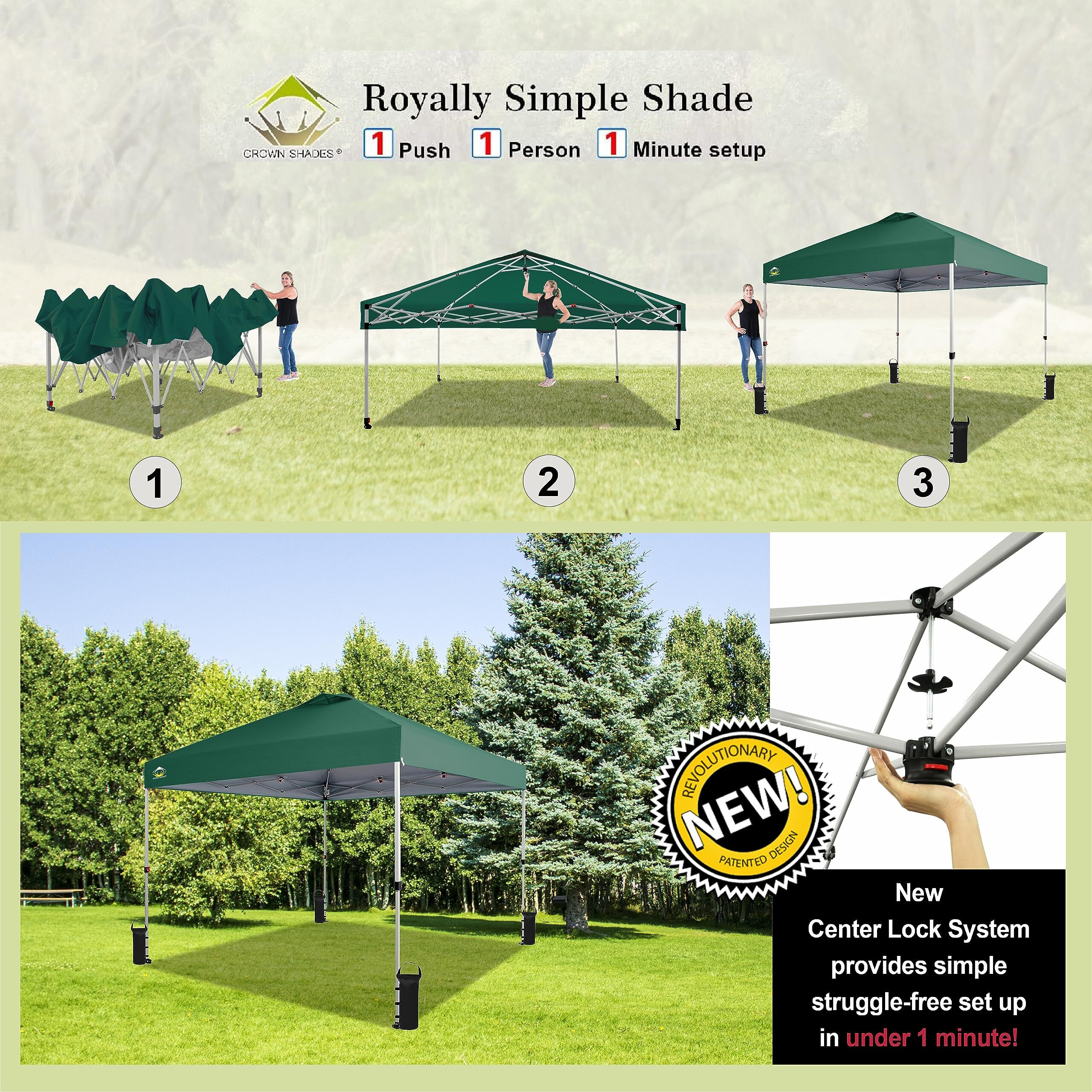 Crown Shades 10X10 Pop Up Canopy - Beach Tent With One Push Setup - Easy Outdoor Sun Shade For Events, Parties, Camping - Gazebo With Sto-N-Go Cover Bag, Silver Coated Top, Forest Green
